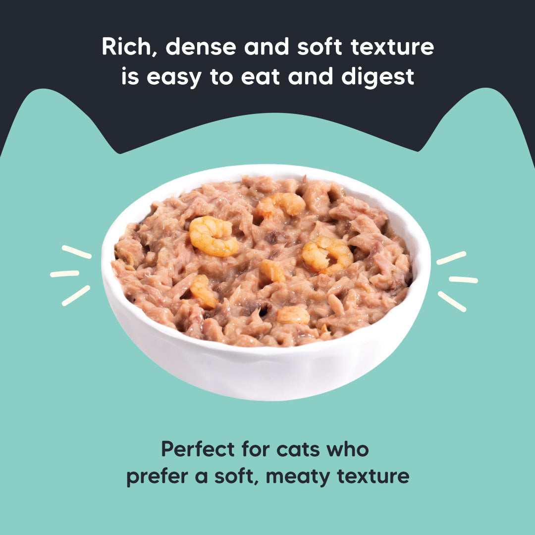 Meowsi by HUFT Tuna & Shrimp p¢t© Cat Wet Food, 80 gm, grain-free, with vitamins and minerals for balanced nutrition.