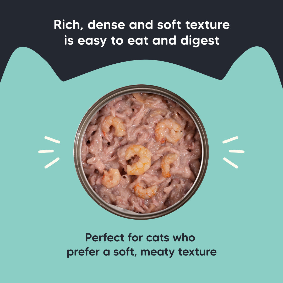 Meowsi by HUFT Tuna & Shrimp P¢t© Canned Cat Wet Food, 80 gm, with vitamins and minerals, grain-free formula.