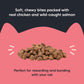 Meowsi by HUFT Salmon & Chicken Soft Cat Treats, 50 gm, features a pink packaging with a cat graphic and treats displayed.