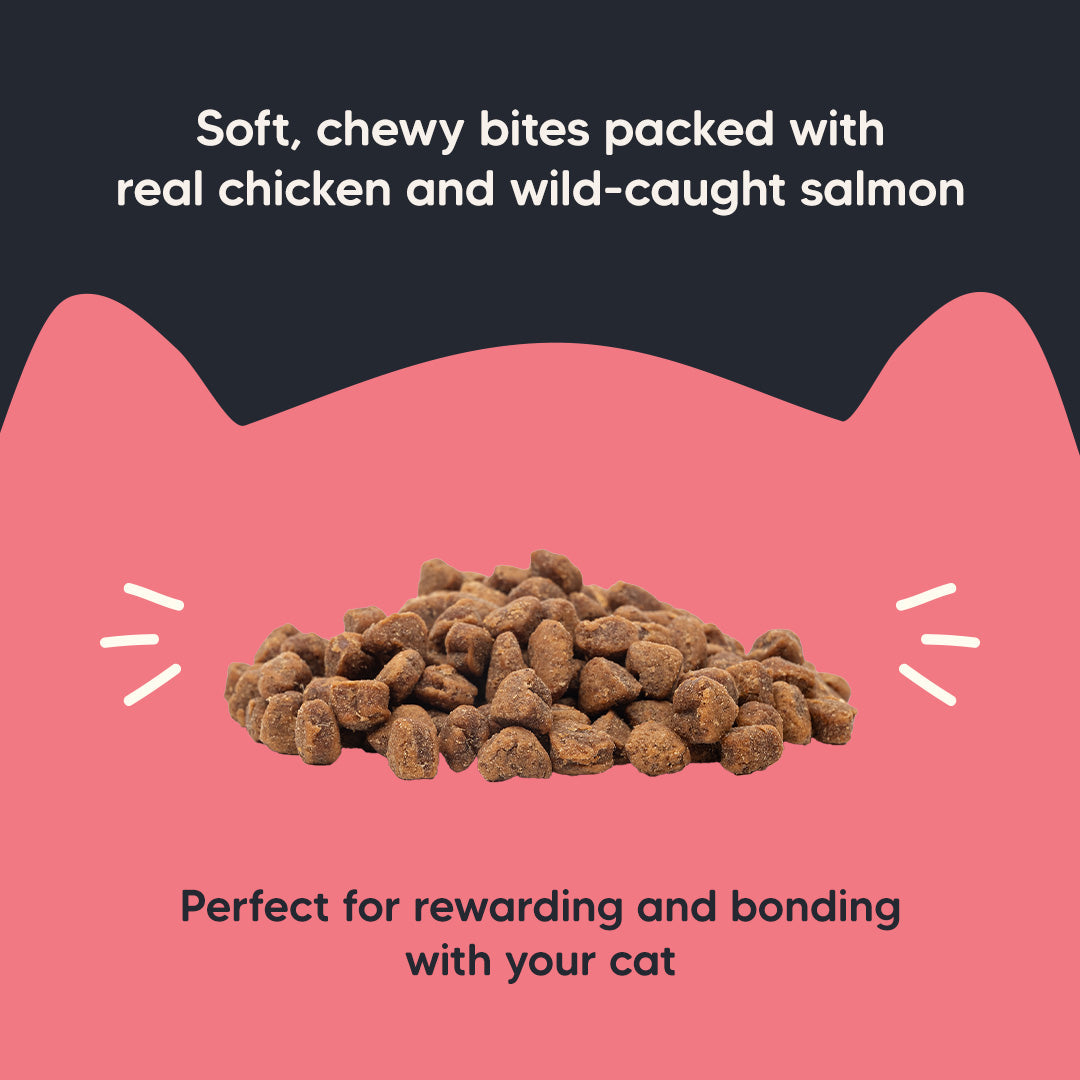 Meowsi by HUFT Salmon & Chicken Soft Cat Treats, 50 gm, features a pink packaging with a cat graphic and treats displayed.