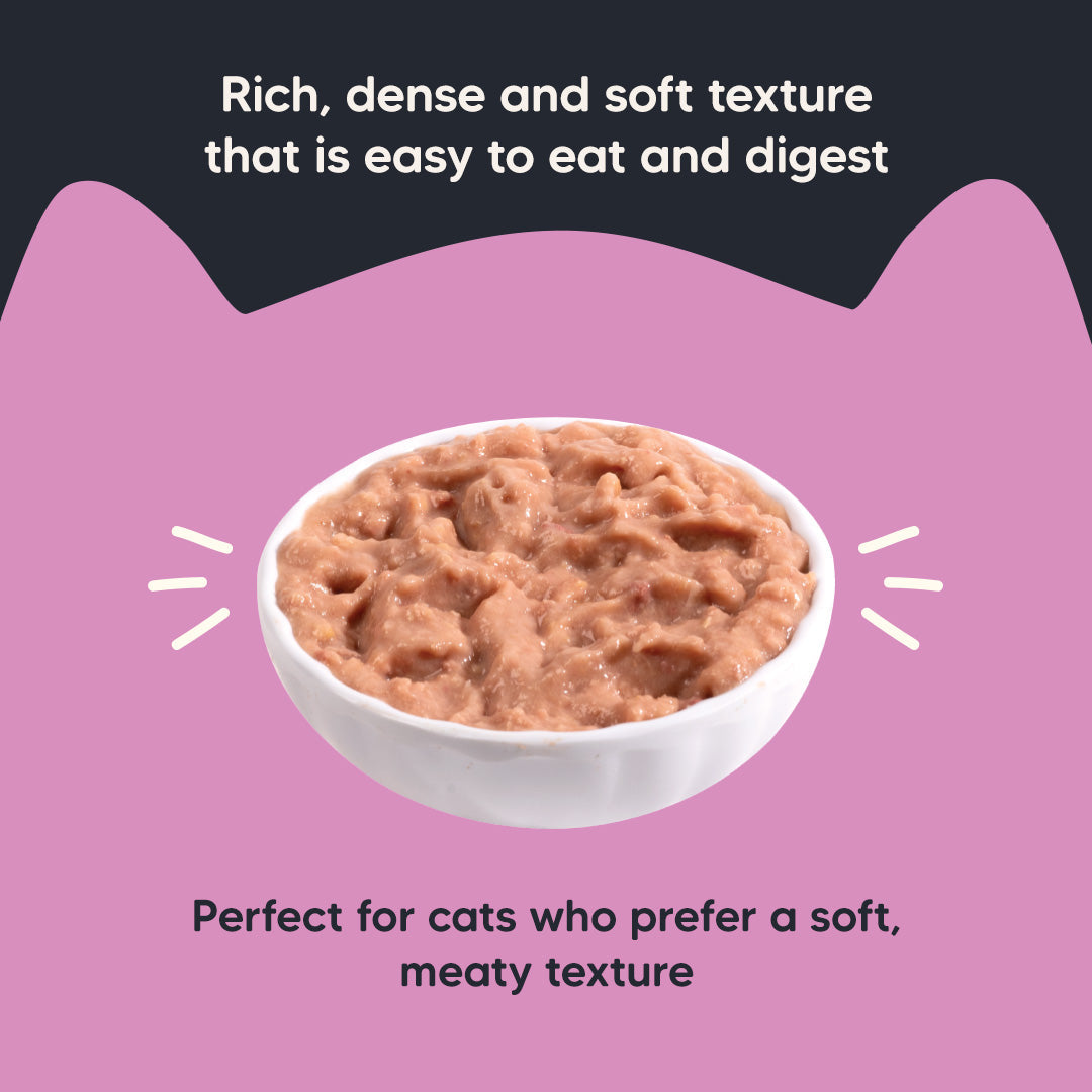Meowsi by HUFT Chicken Breast with Duck p¢t© cat wet food, 80 gm, featuring a cat and a bowl of food on the packaging.