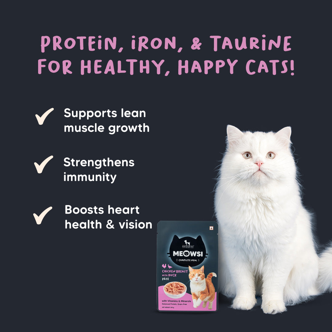 Meowsi by HUFT Chicken Breast with Duck p¢t© cat wet food, 80 gm, featuring a cat and a bowl of food on the packaging.