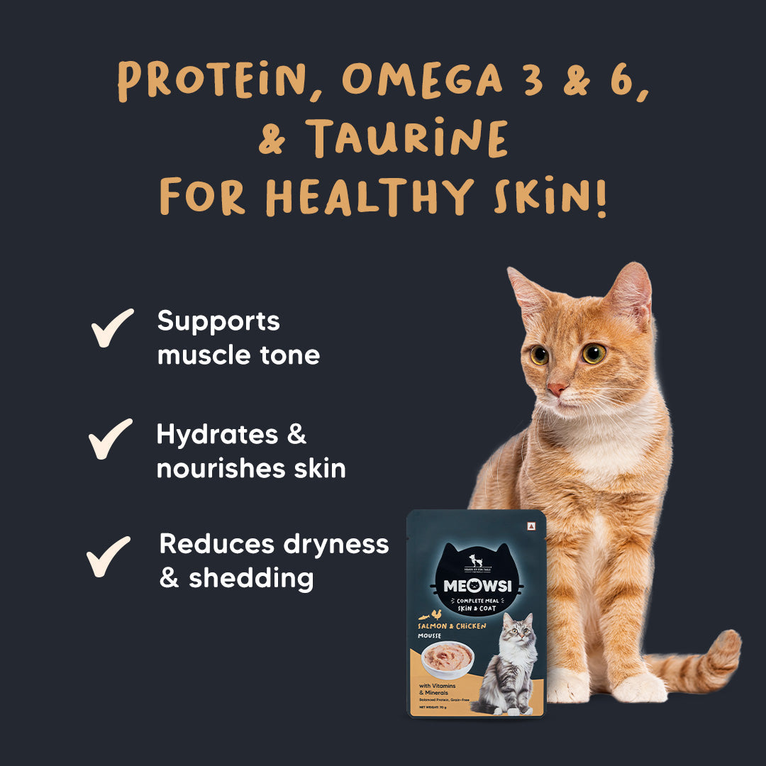Meowsi by HUFT Skin & Coat Salmon & Chicken Mousse Cat Wet Food, 70 gm, with vitamins and minerals, grain-free.