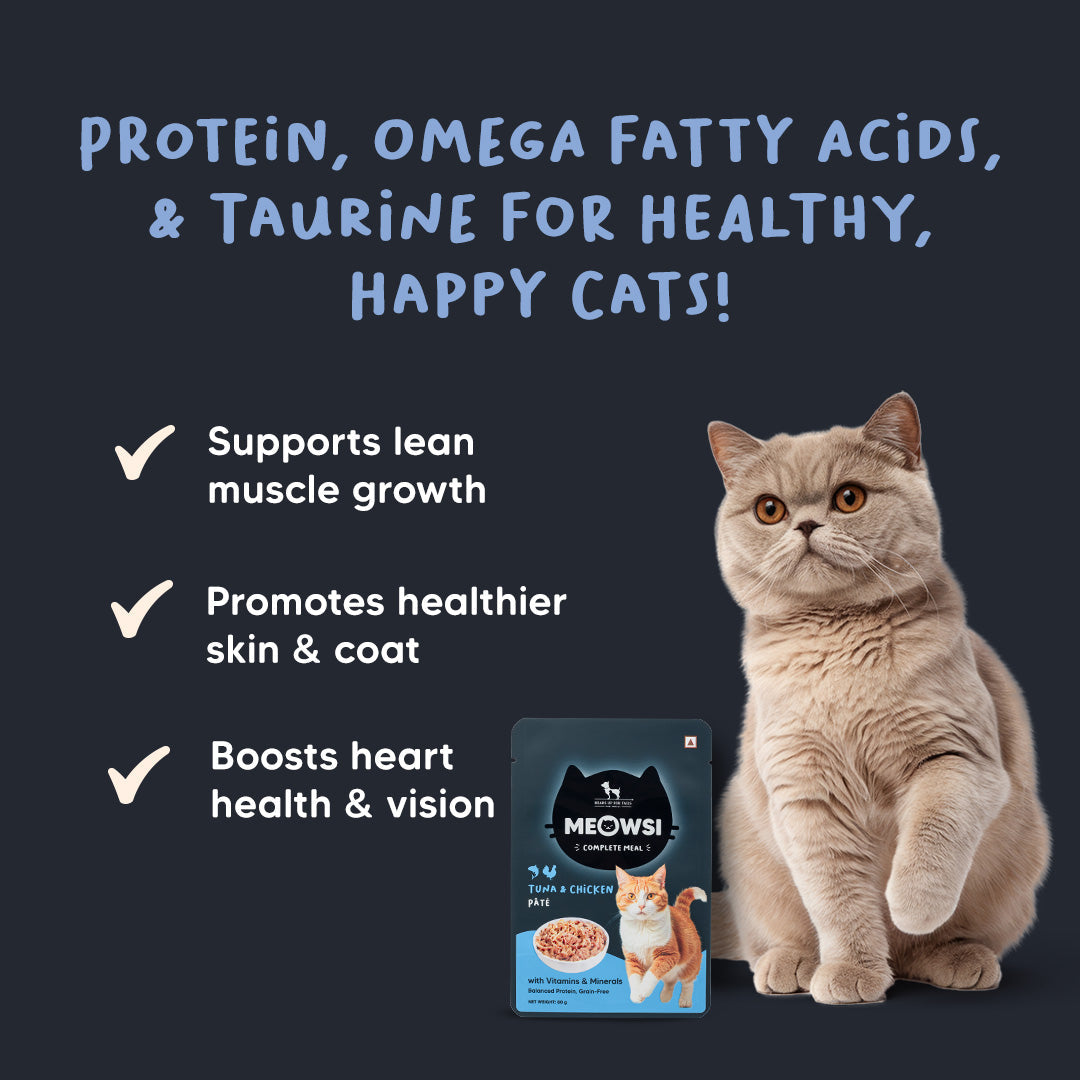 Meowsi by HUFT Tuna & Chicken p¢t© Cat Wet Food, 80 gm, grain-free, with vitamins and minerals for balanced nutrition.