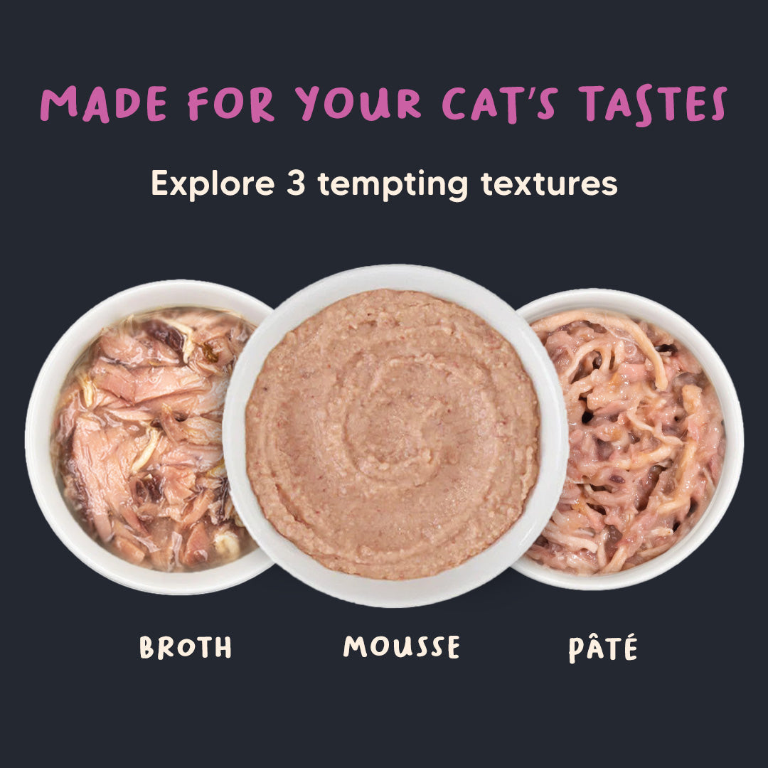 Meowsi by HUFT Tuna & Chicken in Mousse Cat Wet Food, 80 gm, features a cat graphic and a bowl of mousse on the packaging.