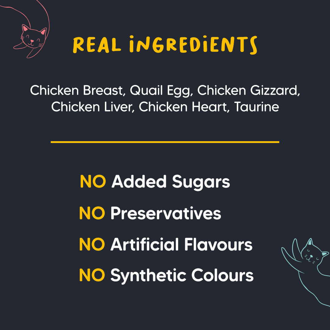 Meowsi by HUFT Chicken Breast with Quail Egg in Broth, 80 gm, grain-free cat wet food with vitamins and minerals.