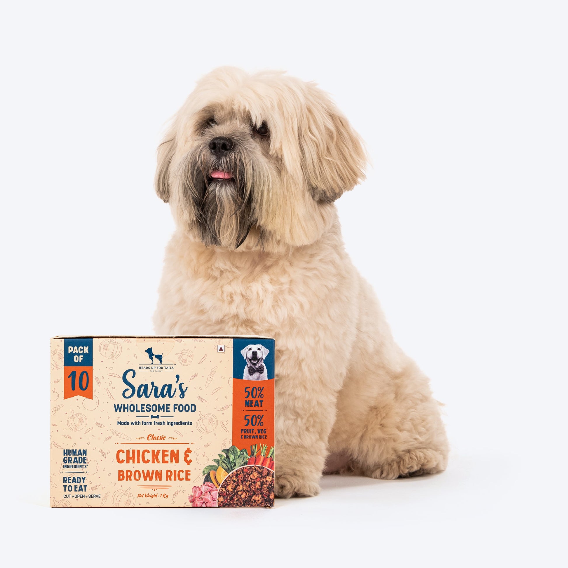 Sara's Wholesome Classic Chicken and Brown Rice Dog Food, pack of 10 x 100g, made with human-grade ingredients.