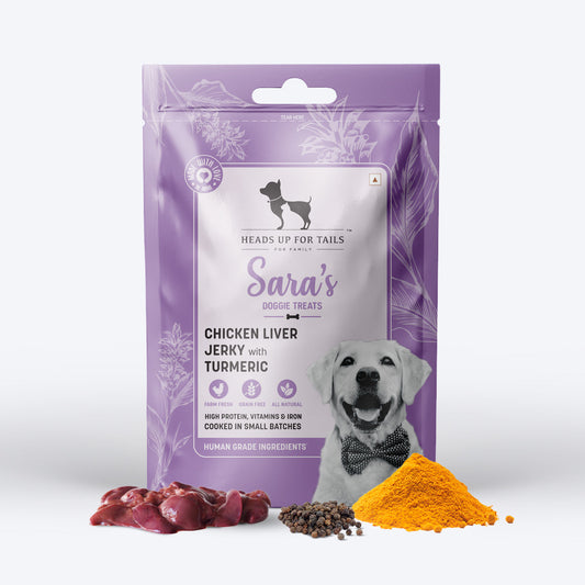 Sara's Doggie Treats Chicken Liver Jerky with Turmeric, 70 g, featuring a purple packaging and images of ingredients.