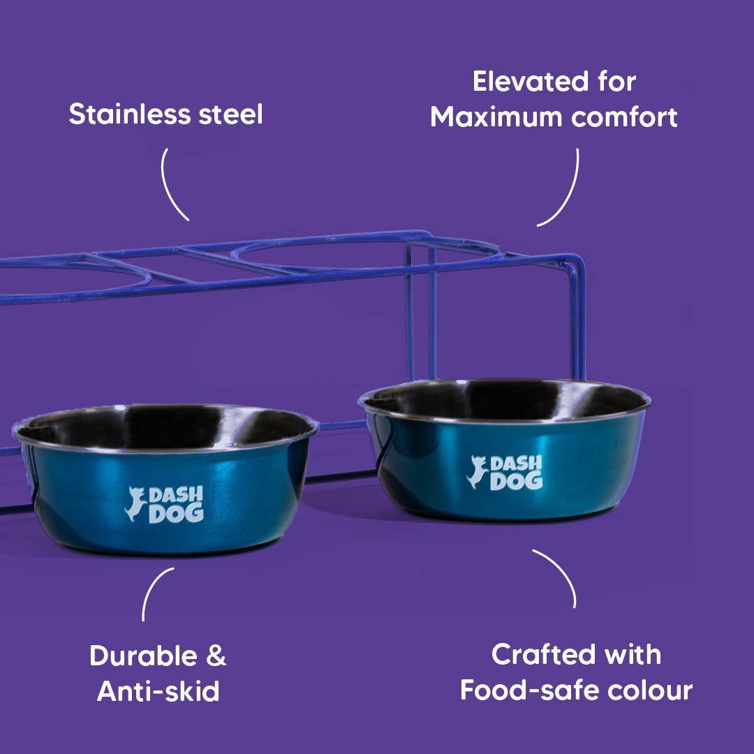 Dash Dog Rainbow Rush Elevated Double Diner With Steel Bowl Inserts For Dog - Violet - Heads Up For Tails