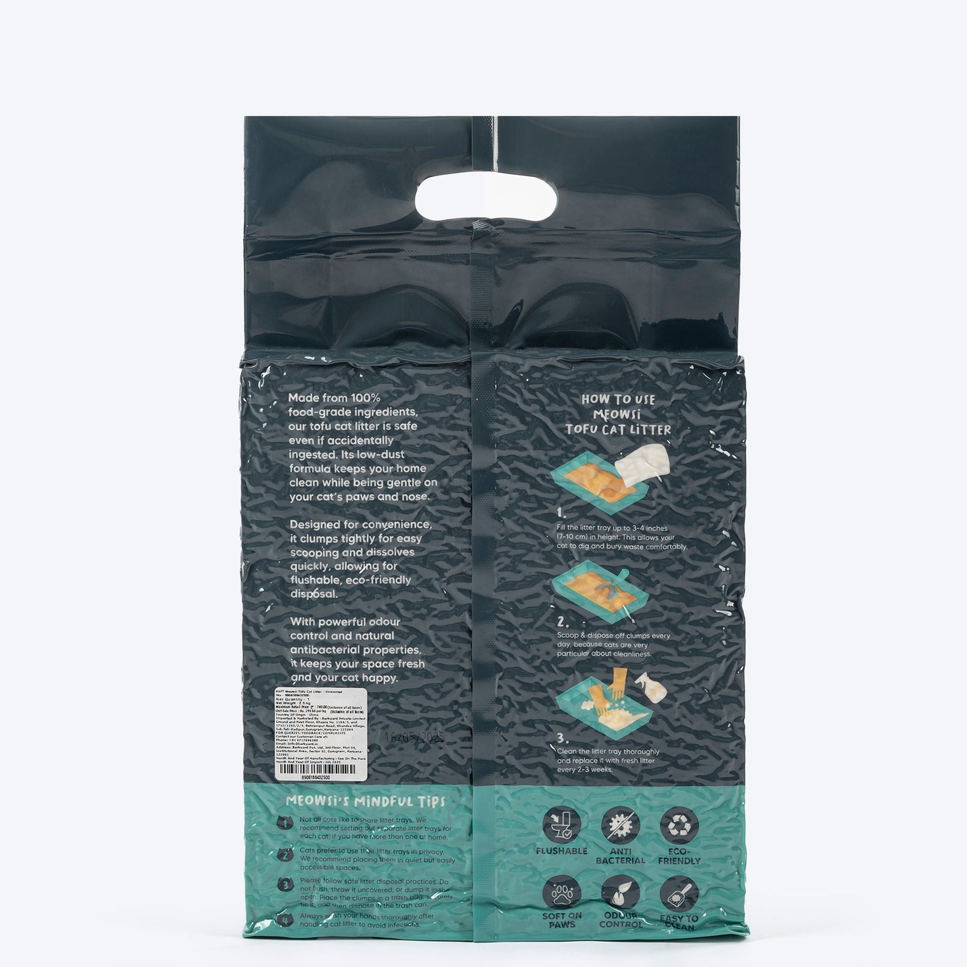 Meowsi by HUFT Tofu Cat Litter, Unscented, 6 Ltr, eco-friendly, fast clumping, 99% dust-free, antibacterial.