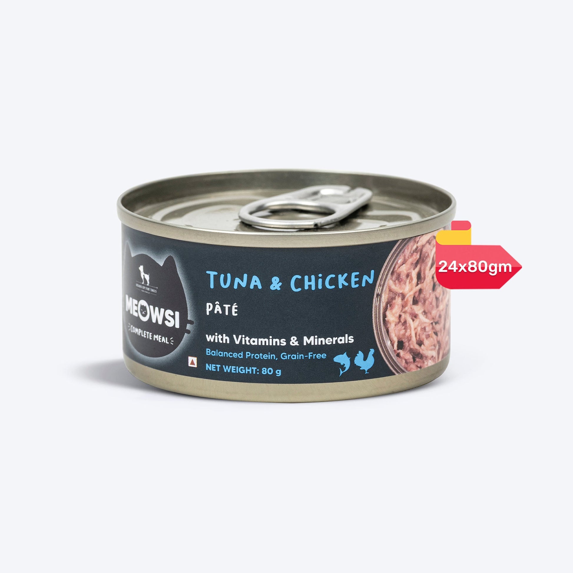 Meowsi by HUFT Tuna & Chicken P¢t© Canned Cat Wet Food, 80 gm, grain-free with vitamins and minerals.