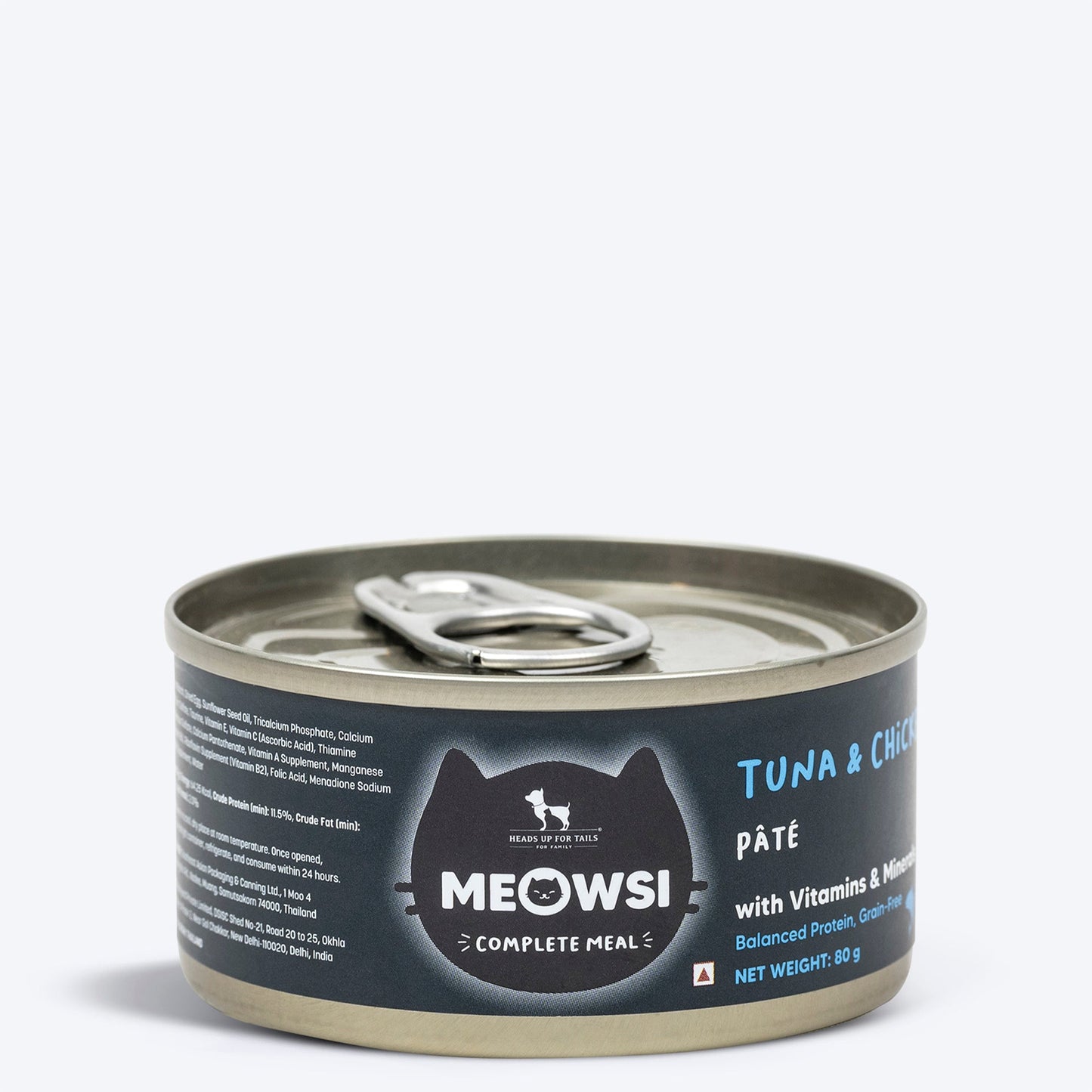 Meowsi by HUFT Tuna & Chicken P¢t© Canned Cat Wet Food, 80 gm, grain-free with vitamins and minerals.