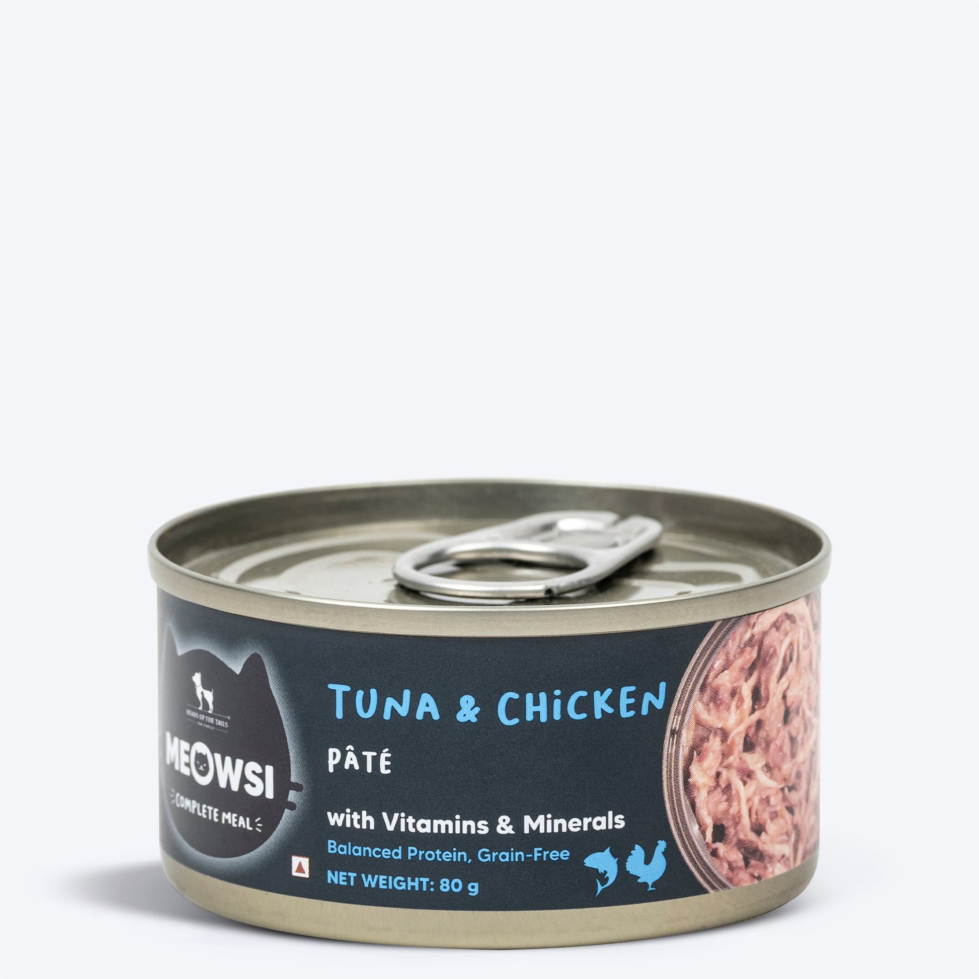 Meowsi by HUFT Tuna & Chicken p¢t© Canned Cat Wet Food, 80 gm, grain-free with vitamins and minerals.