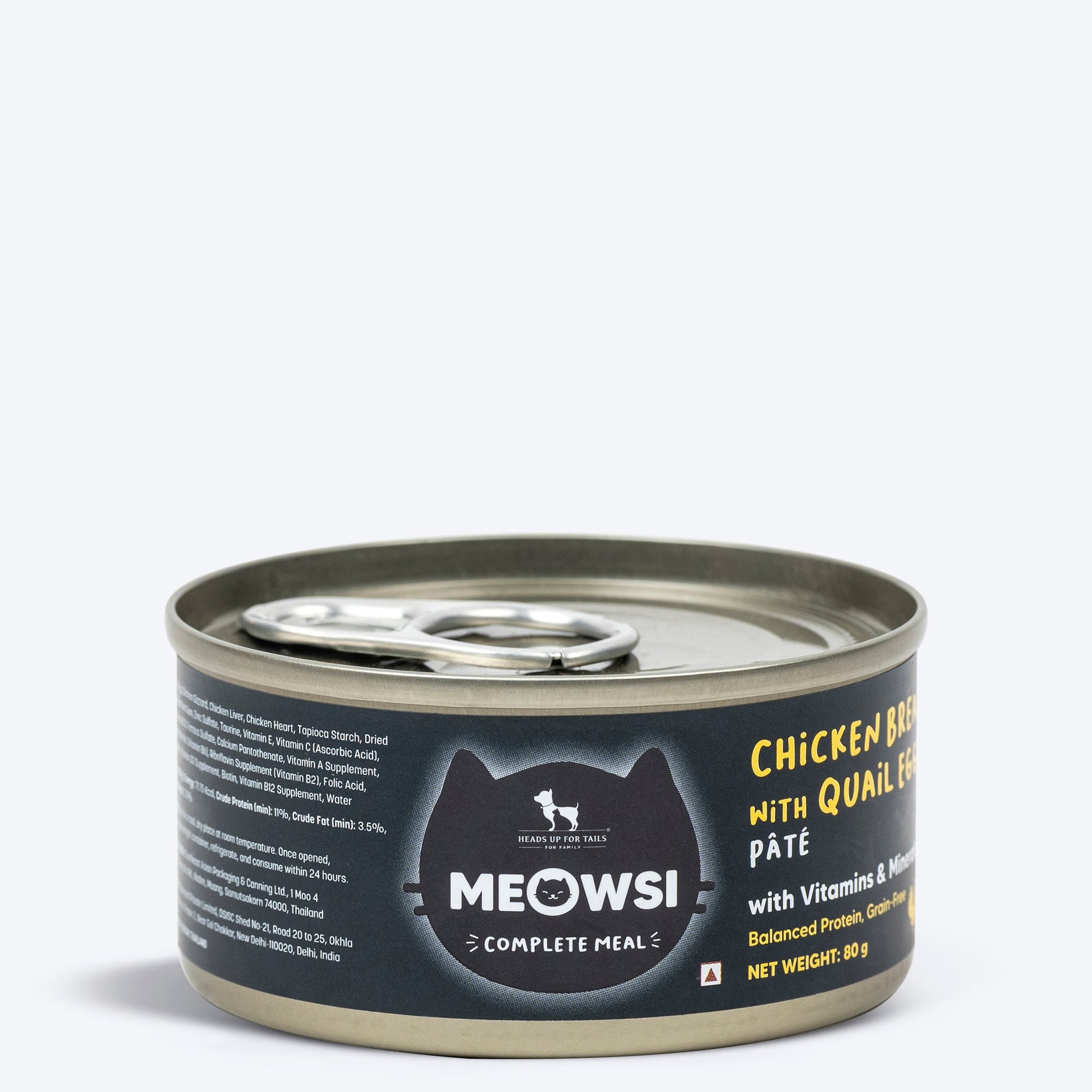 Meowsi by HUFT Chicken Breast with Quail Egg p¢t©, 80 gm can, grain-free, with vitamins and minerals for cats.