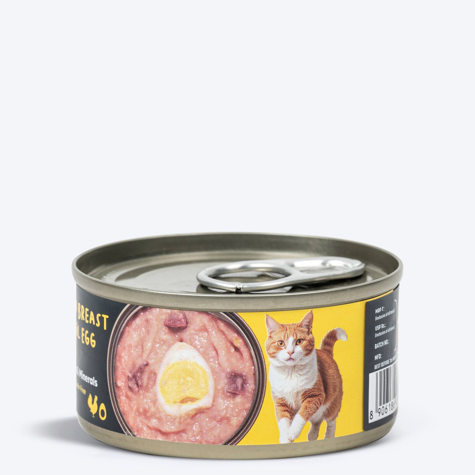 Meowsi by HUFT Chicken Breast with Quail Egg p¢t©, 80 gm can, grain-free, with vitamins and minerals for cats.