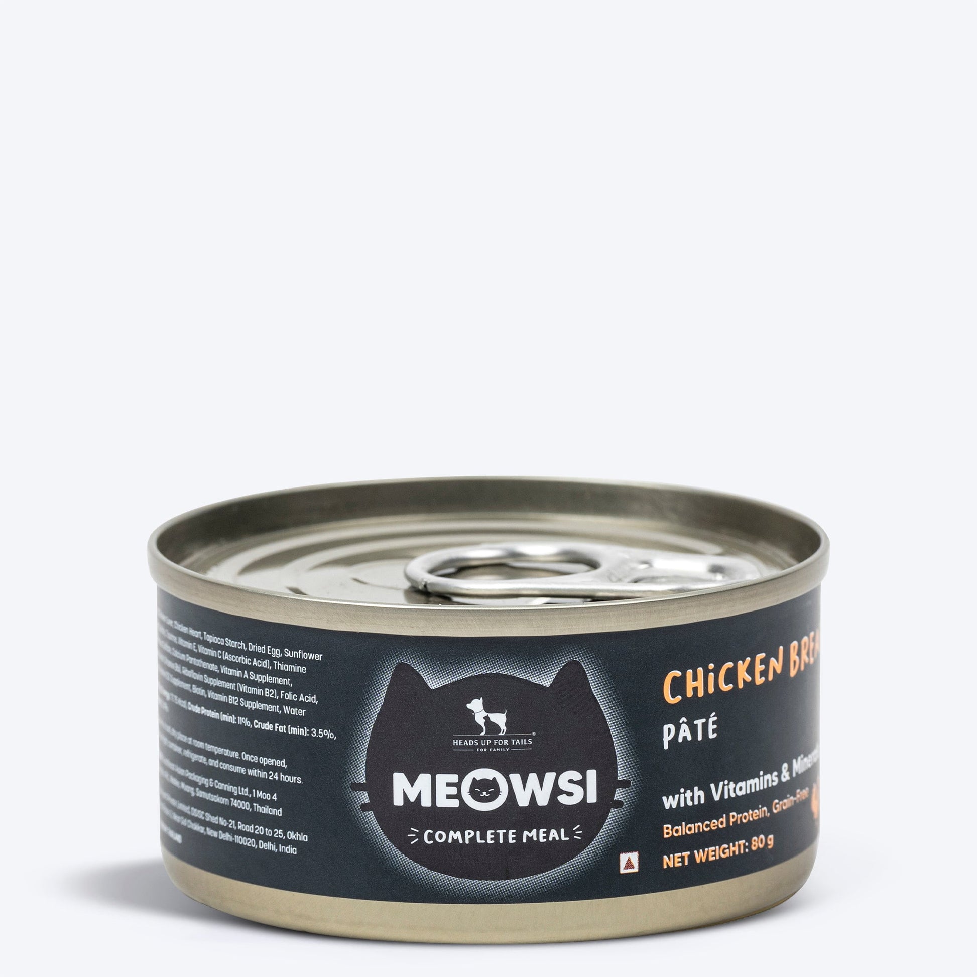 Meowsi by HUFT Chicken Breast p¢t© Canned Cat Wet Food, 80 gm, with vitamins and minerals, grain-free formula.