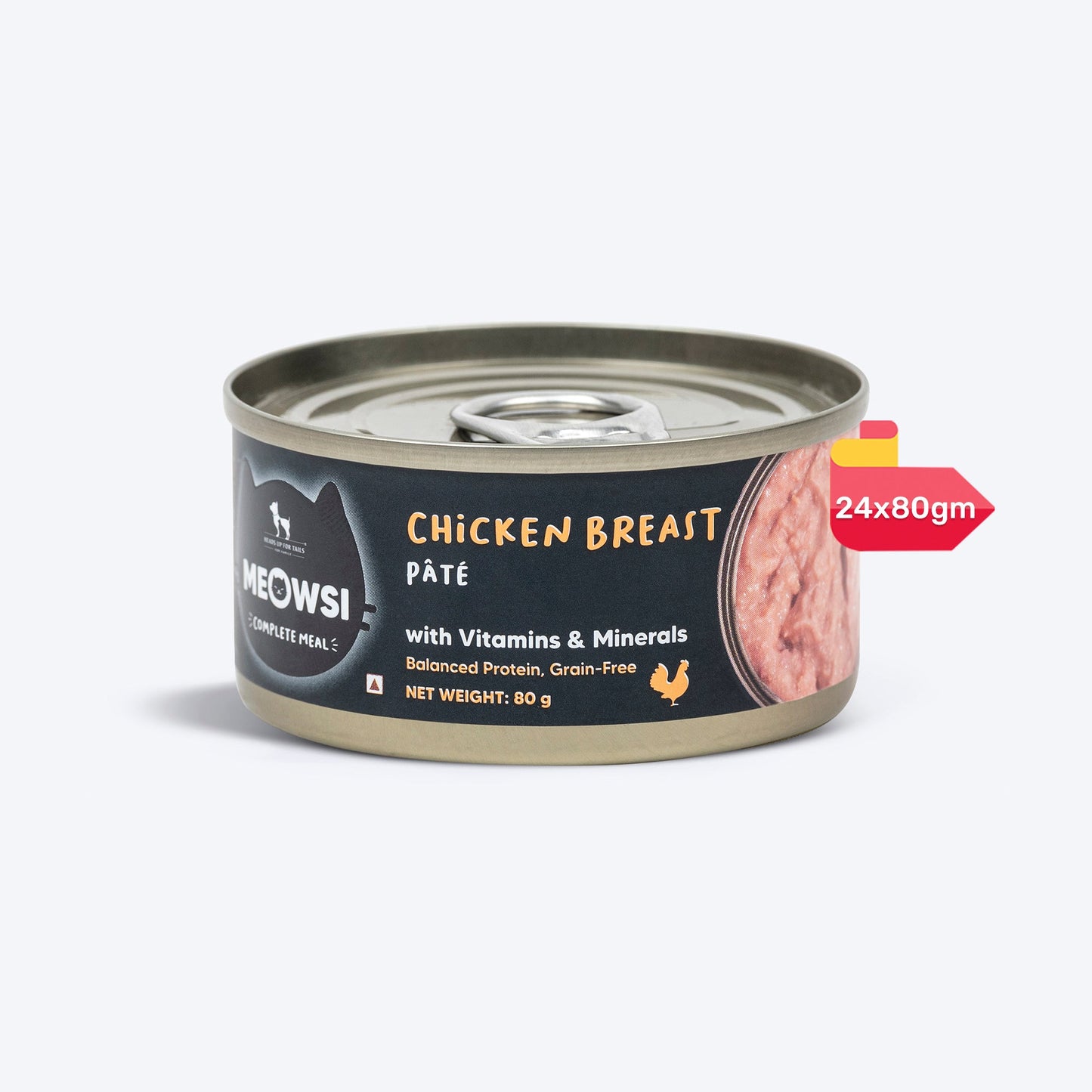 Meowsi by HUFT Chicken Breast p¢t© Canned Cat Wet Food, 80 gm, with vitamins and minerals, grain-free formula.