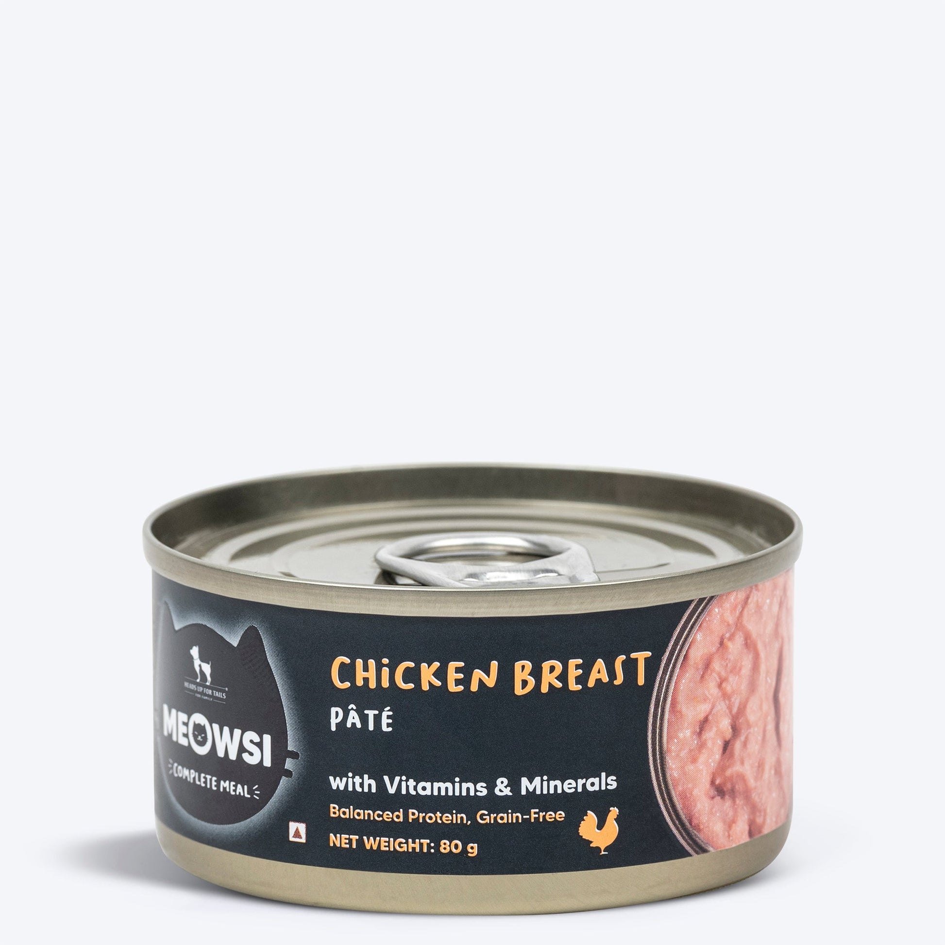 Meowsi by HUFT Chicken Breast p¢t© Canned Cat Wet Food, 80 gm, with vitamins and minerals, grain-free formula.