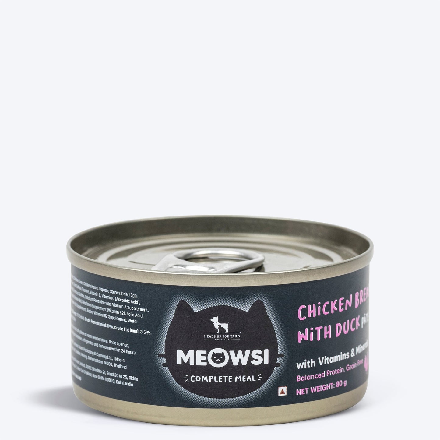 Meowsi by HUFT Chicken Breast with Duck p¢t© canned cat food, 80 gm, enriched with vitamins and minerals. Grain-free.