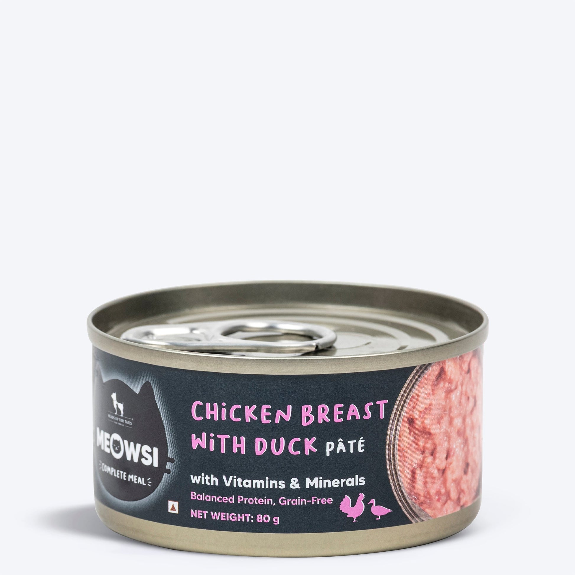 Meowsi by HUFT Chicken Breast with Duck p¢t© canned cat food, 80 gm, enriched with vitamins and minerals. Grain-free.