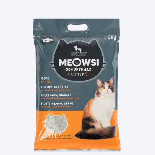 Meowsi by HUFT OdourShield Cat Litter, unscented, 5 kg, 99% dust-free, clumps 3x faster, antibacterial protection.