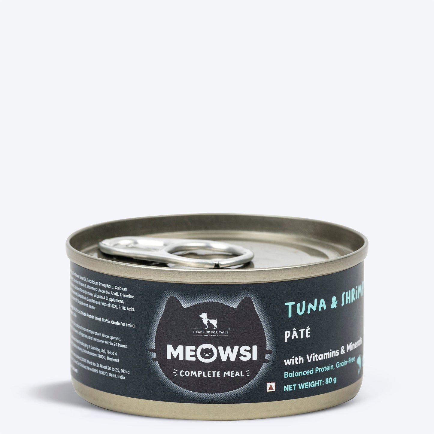 Meowsi by HUFT Tuna & Shrimp P¢t© Canned Cat Wet Food, 80 gm, with vitamins and minerals, grain-free formula.