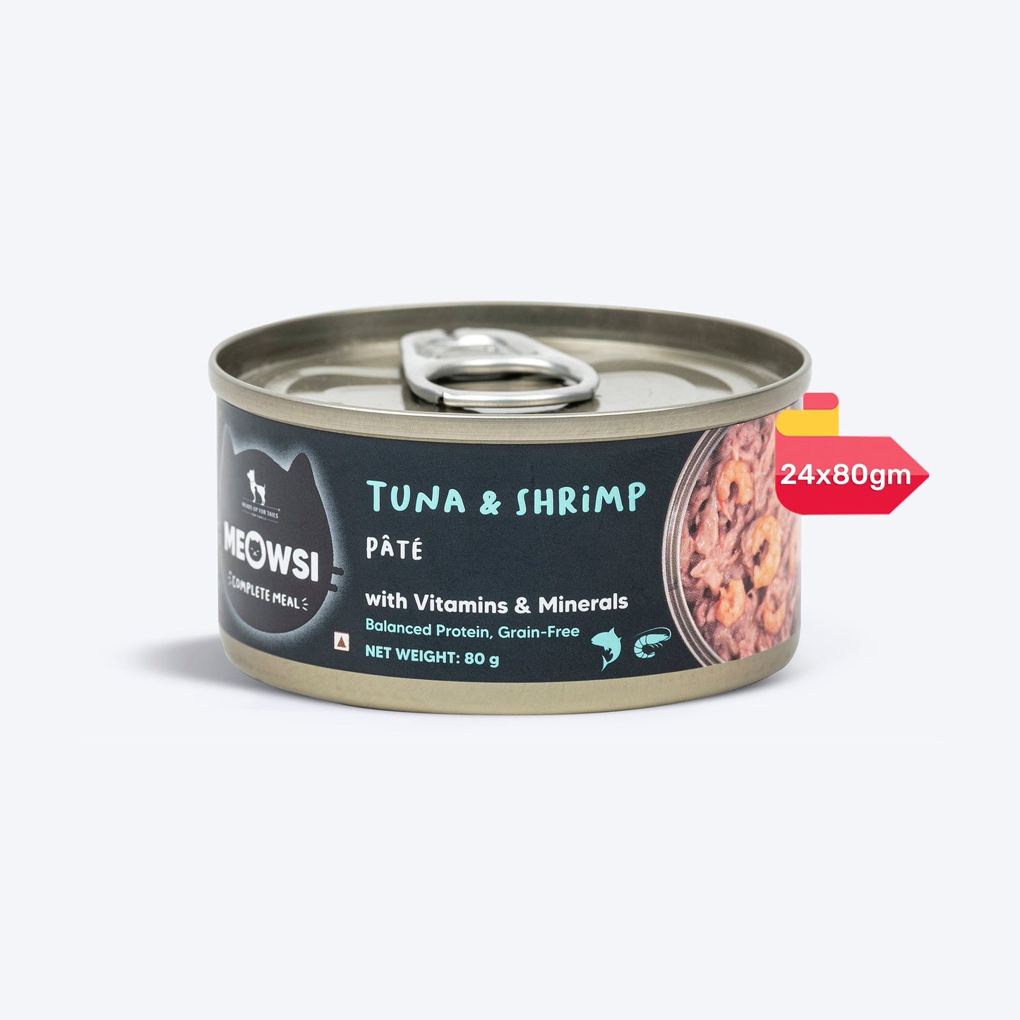 Meowsi by HUFT Tuna & Shrimp P¢t© Canned Cat Wet Food, 80 gm, with vitamins and minerals, grain-free formula.
