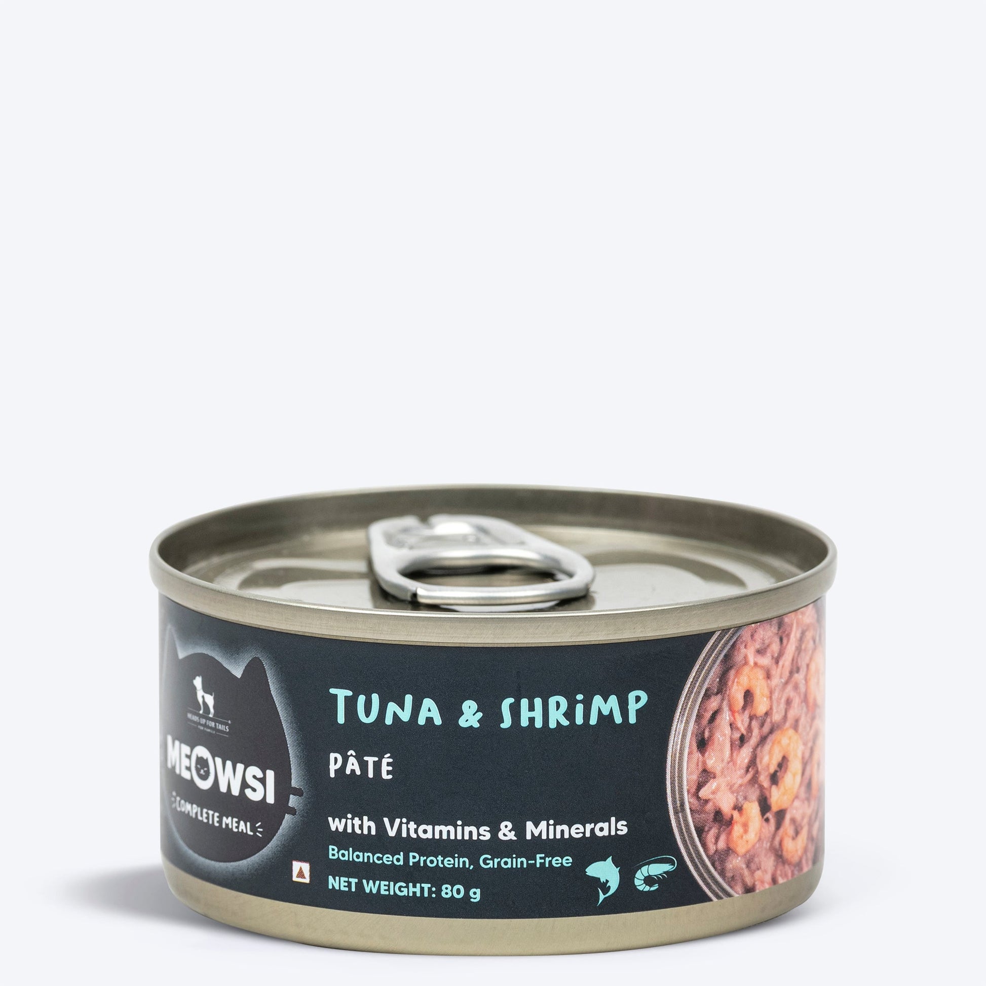Meowsi by HUFT Tuna & Shrimp P¢t© Canned Cat Wet Food, 80 gm, with vitamins and minerals, grain-free formula.