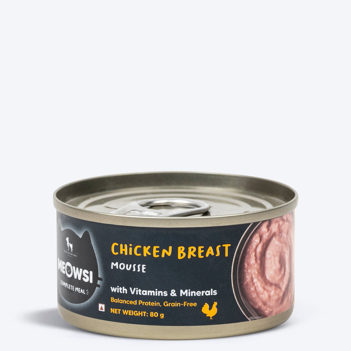 Meowsi by HUFT Chicken Breast Mousse Canned Cat Wet Food, 80 gm, with vitamins and minerals, grain-free formula.