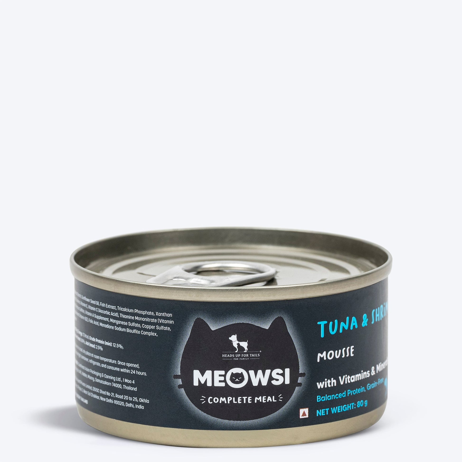 Meowsi by HUFT Tuna & Shrimp Mousse Canned Cat Wet Food, 80 gm, with vitamins and minerals, grain-free formula.