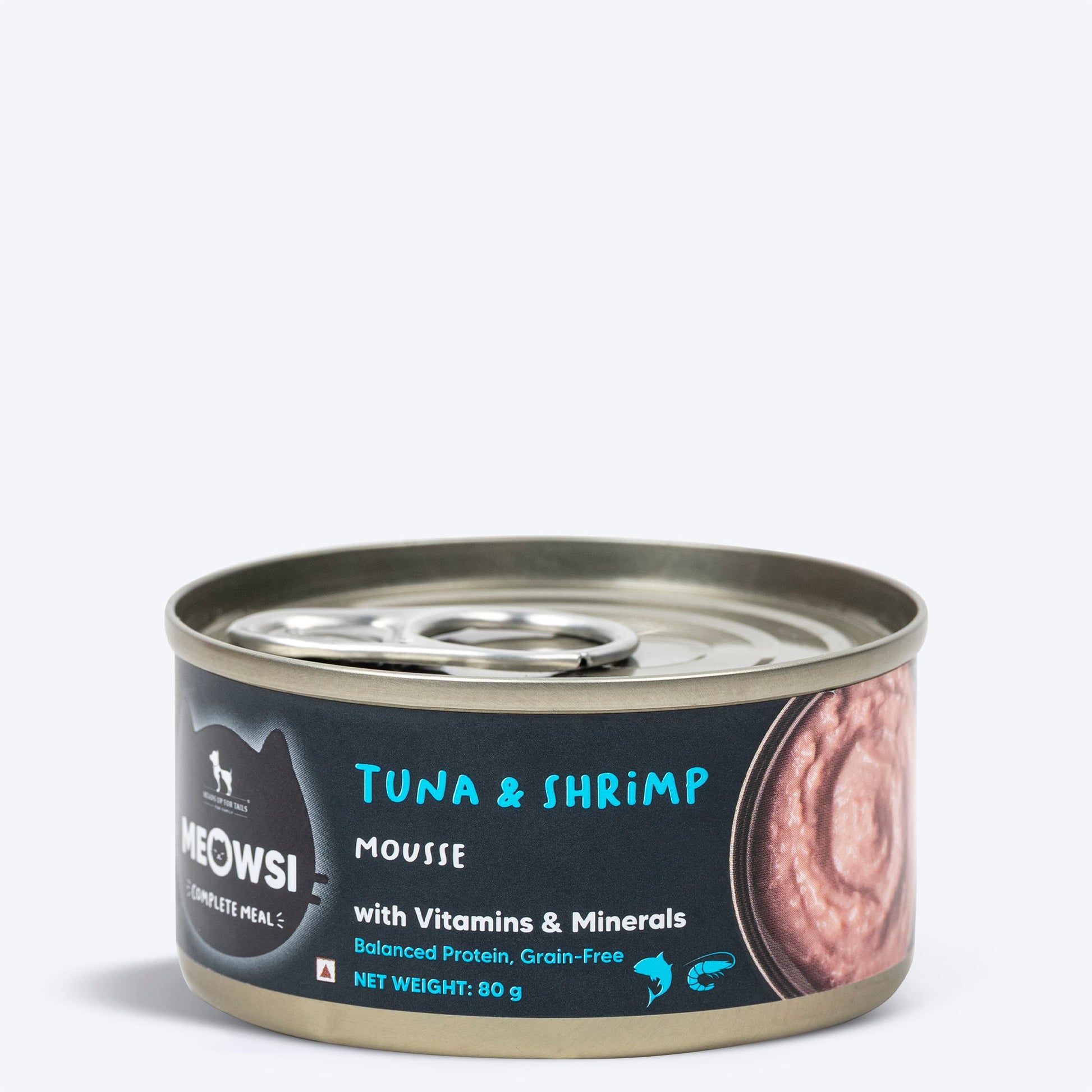 Meowsi by HUFT Tuna & Shrimp Mousse Canned Cat Wet Food, 80 gm, with vitamins and minerals, grain-free formula.