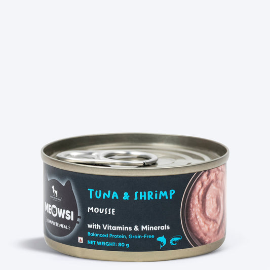 Meowsi by HUFT Tuna & Shrimp Mousse Canned Cat Wet Food, 80 gm, with vitamins and minerals, grain-free formula.