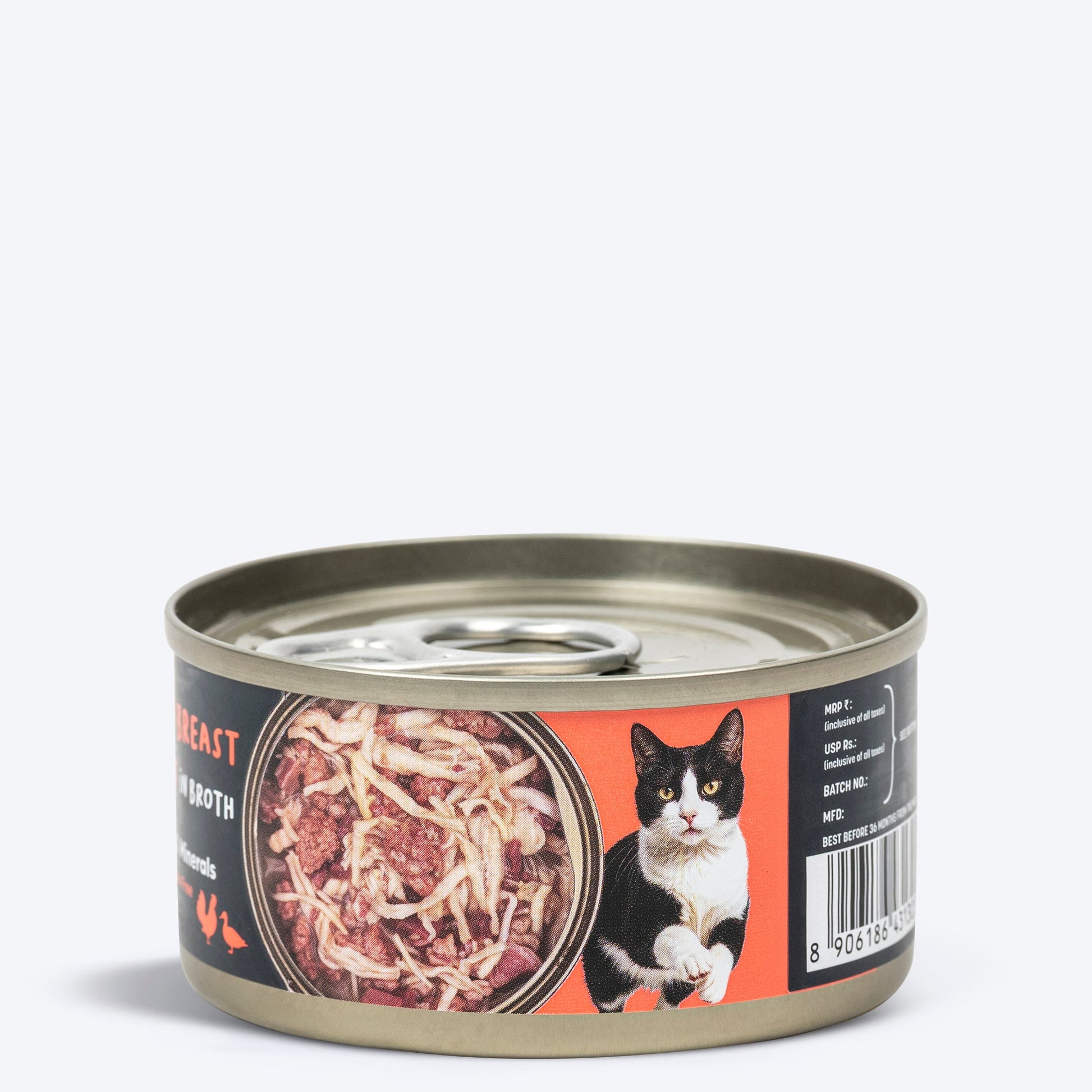 Meowsi by HUFT Chicken Breast with Duck in Broth, 80 gm can, features a pull-tab lid and a mix of shredded meat.
