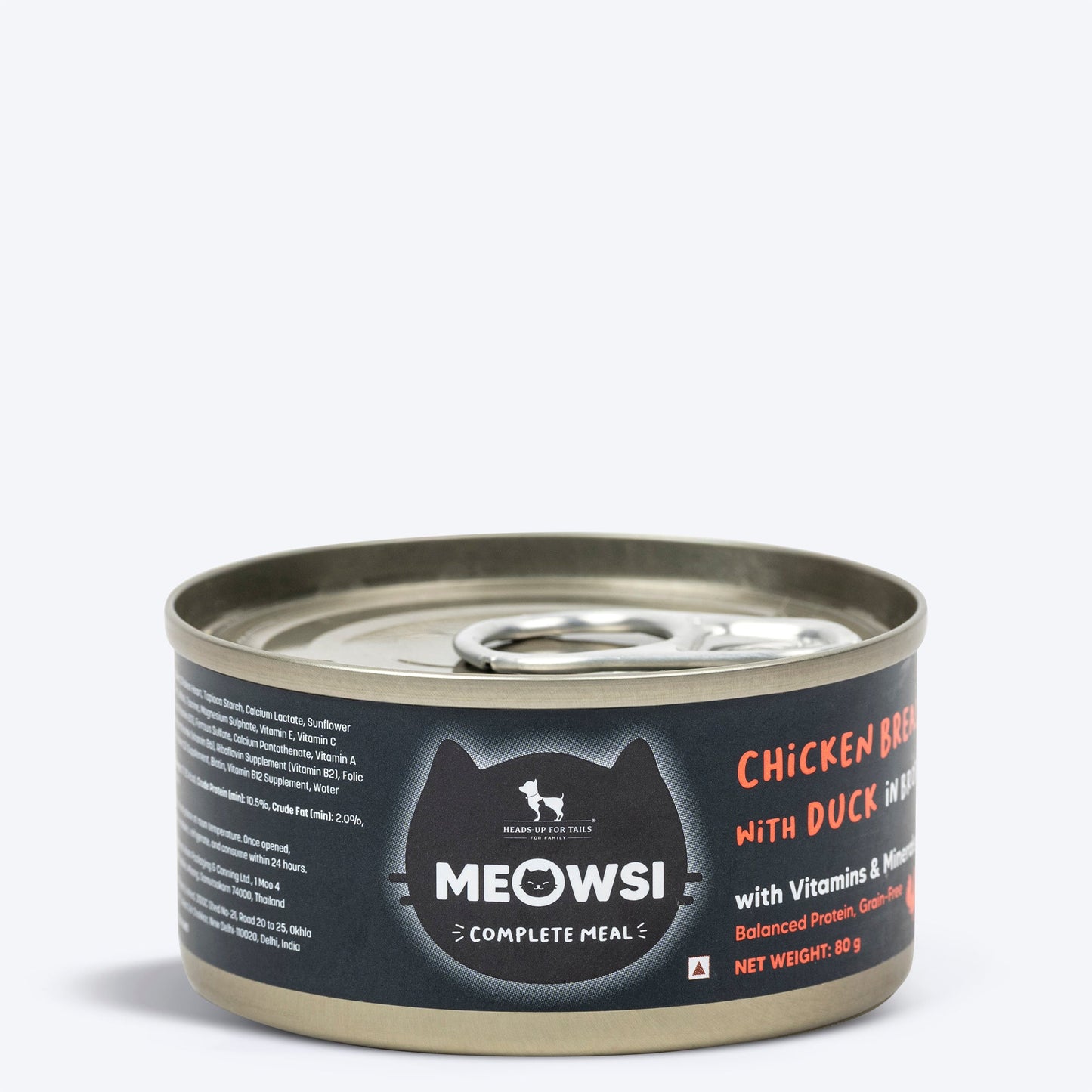 Meowsi by HUFT Chicken Breast with Duck in Broth, 80 gm can, features a pull-tab lid and a mix of shredded meat.