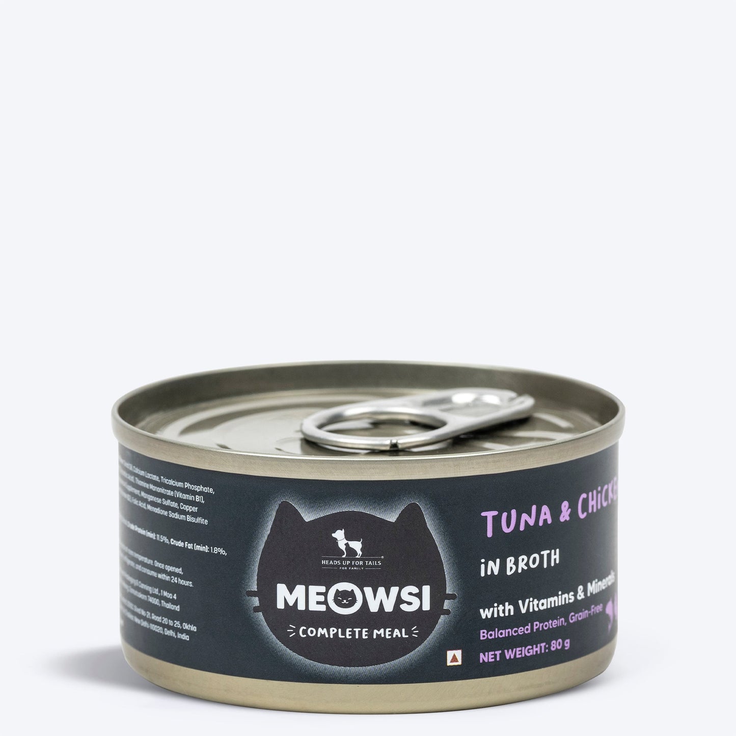 Meowsi by HUFT Tuna & Chicken in Broth Canned Cat Wet Food, 80 gm, with vitamins and minerals, grain-free.