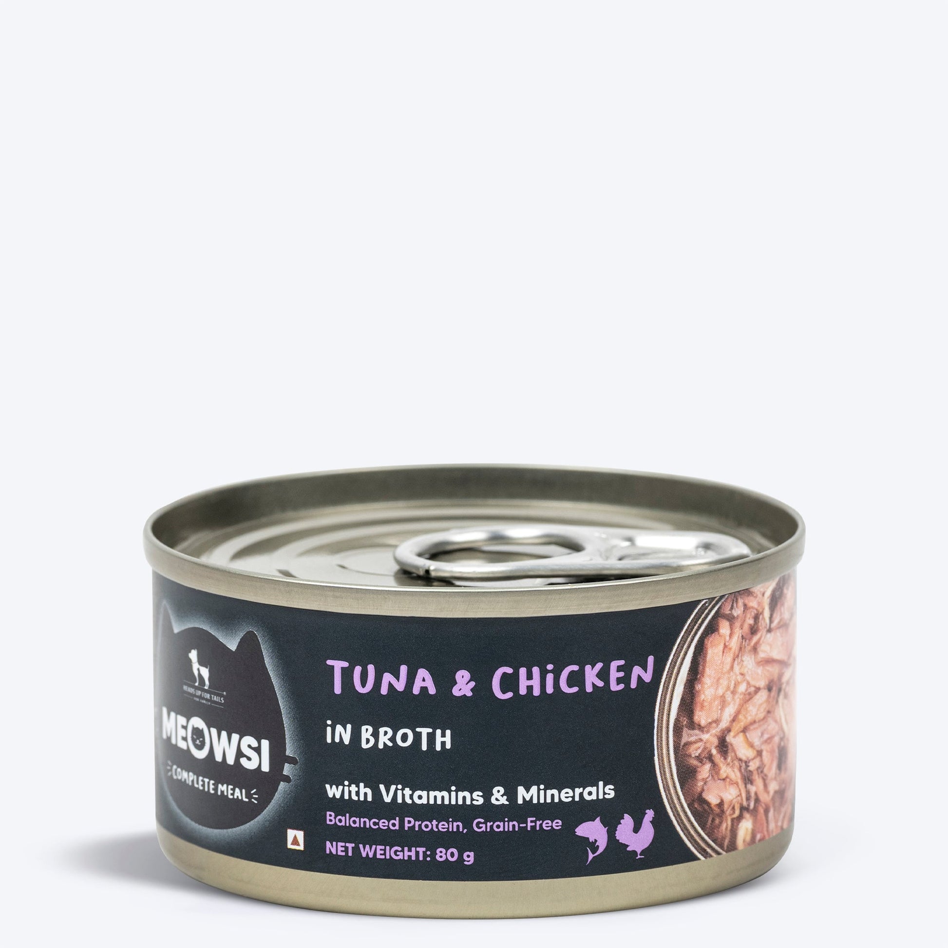 Meowsi by HUFT Tuna & Chicken in Broth Canned Cat Wet Food, 80 gm, with vitamins and minerals, grain-free.