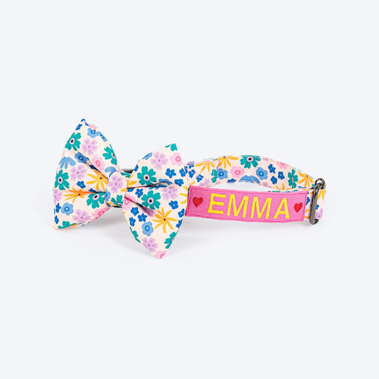 HUFT Personalised Bloomscape Collar With Bow Tie For Dog - Peach - Heads Up For Tails