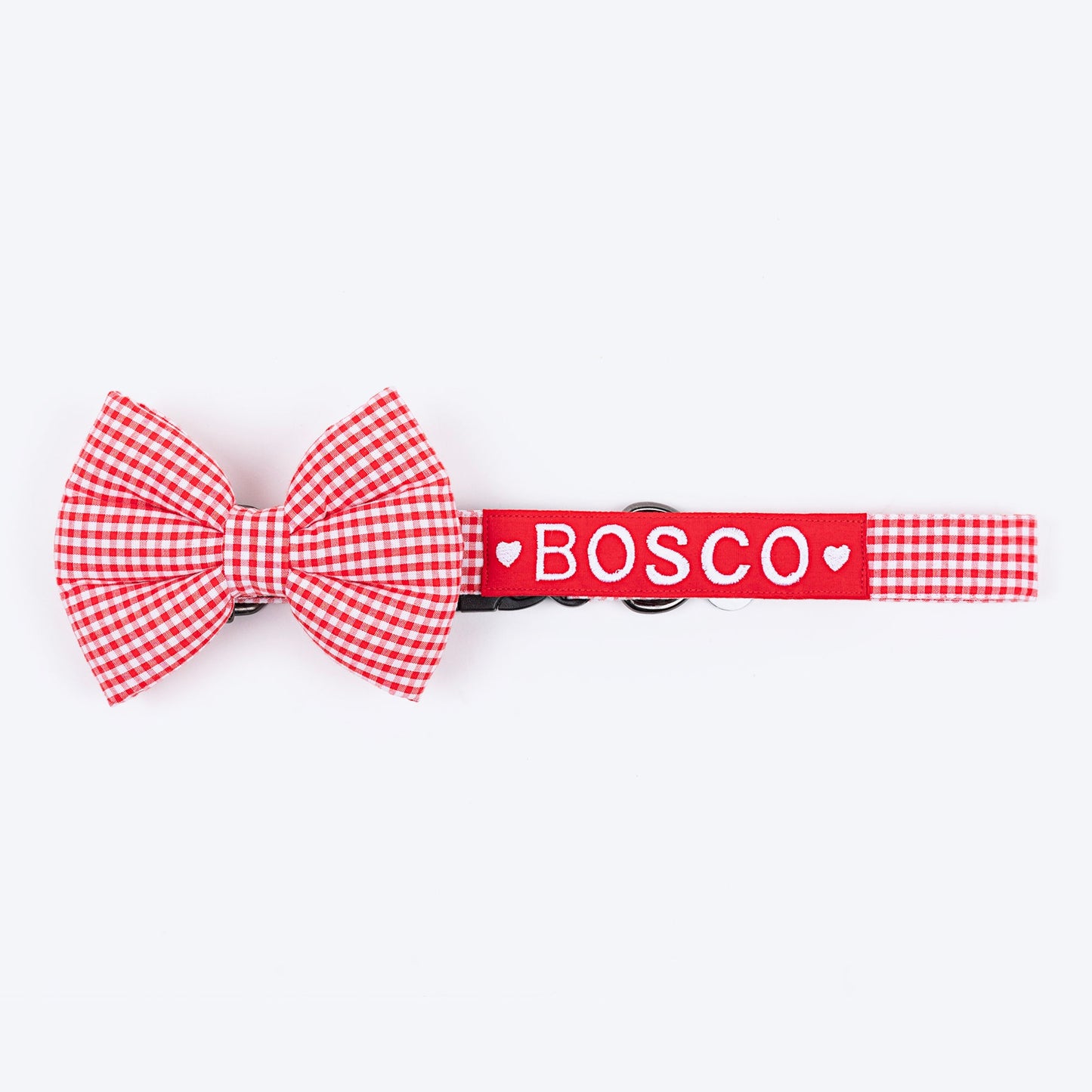 HUFT Personalised Gingham Fabric Collar With Bow Tie For Dogs - Red - Heads Up For Tails
