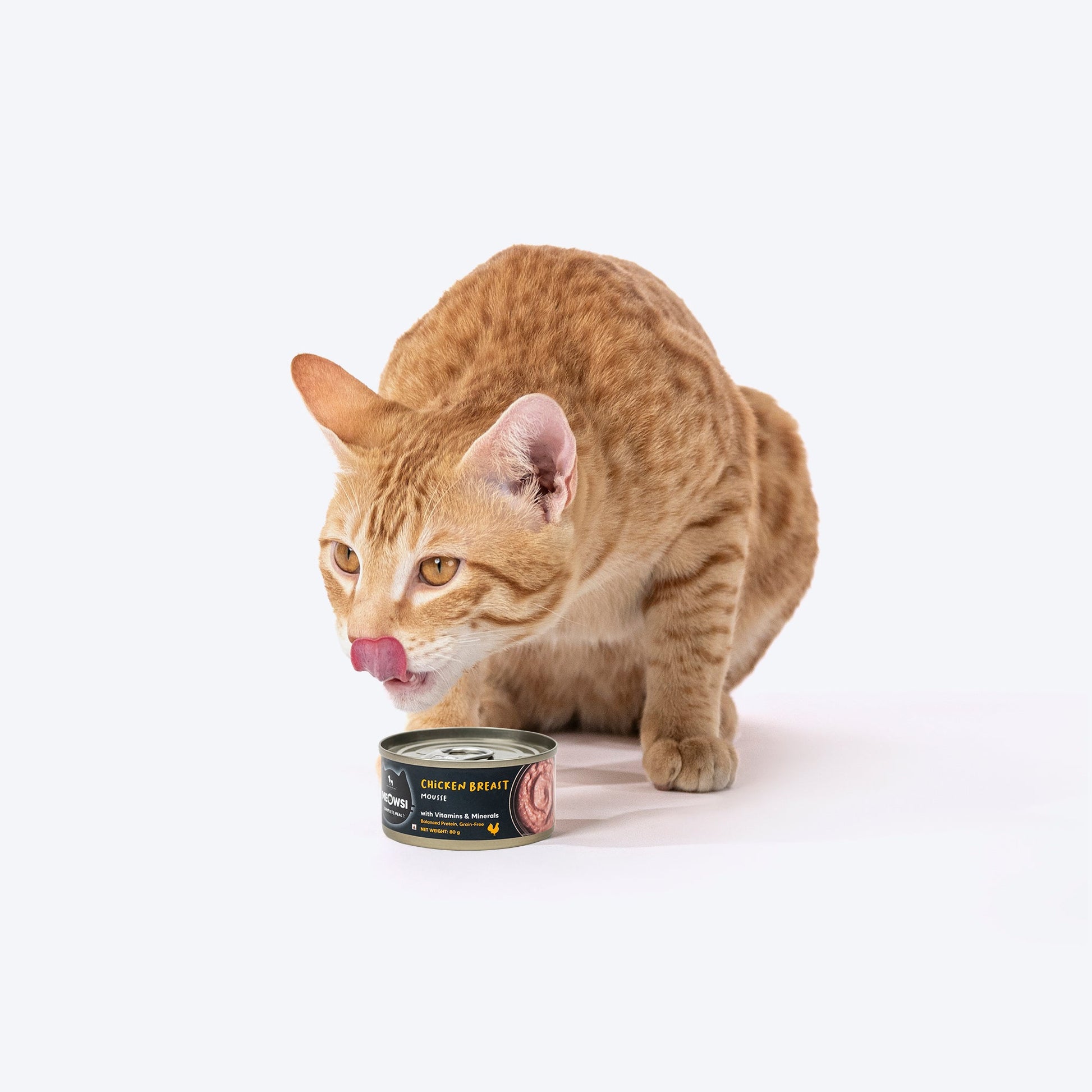 Meowsi by HUFT Chicken Breast Mousse Canned Cat Wet Food, 80 gm, with vitamins and minerals, grain-free formula.