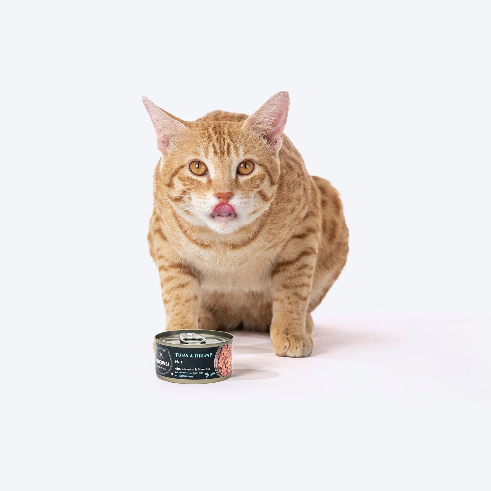 Meowsi by HUFT Tuna & Shrimp P¢t© Canned Cat Wet Food, 80 gm, with vitamins and minerals, grain-free formula.
