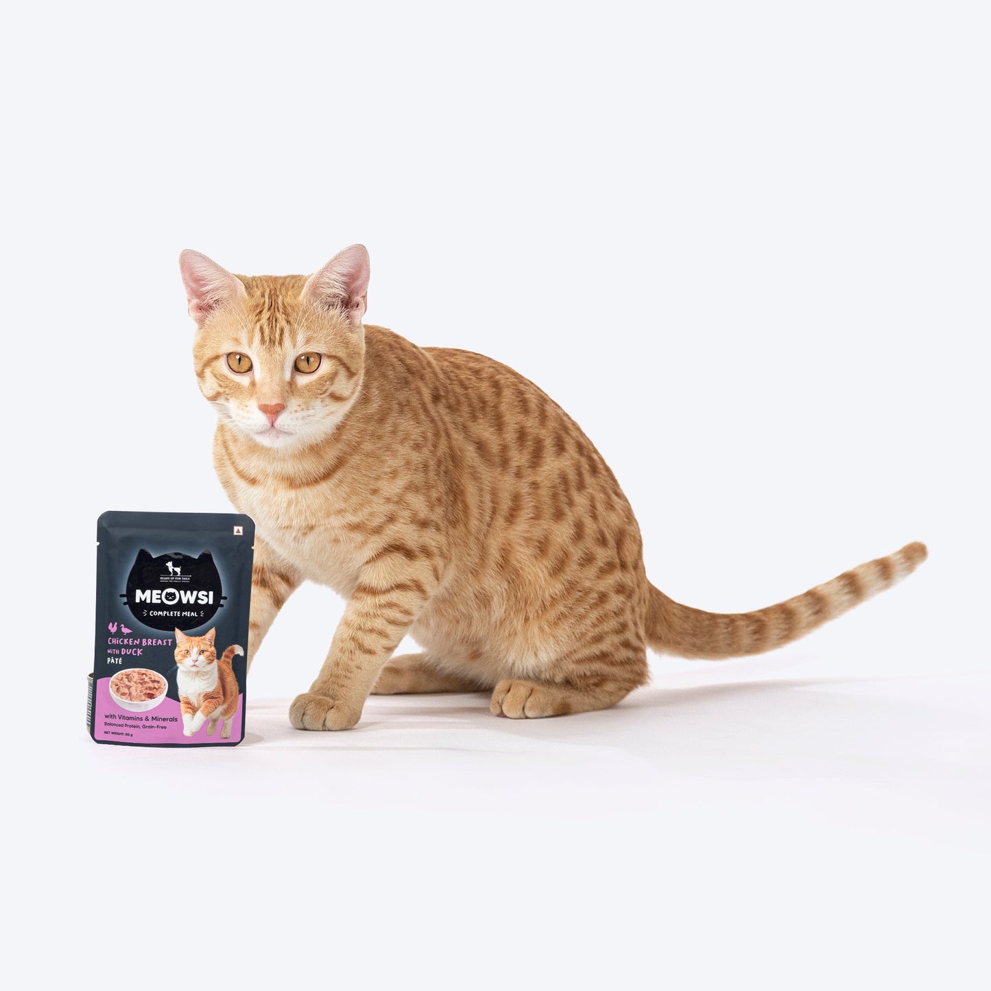 Meowsi by HUFT Chicken Breast with Duck p¢t© cat wet food, 80 gm, featuring a cat and a bowl of food on the packaging.