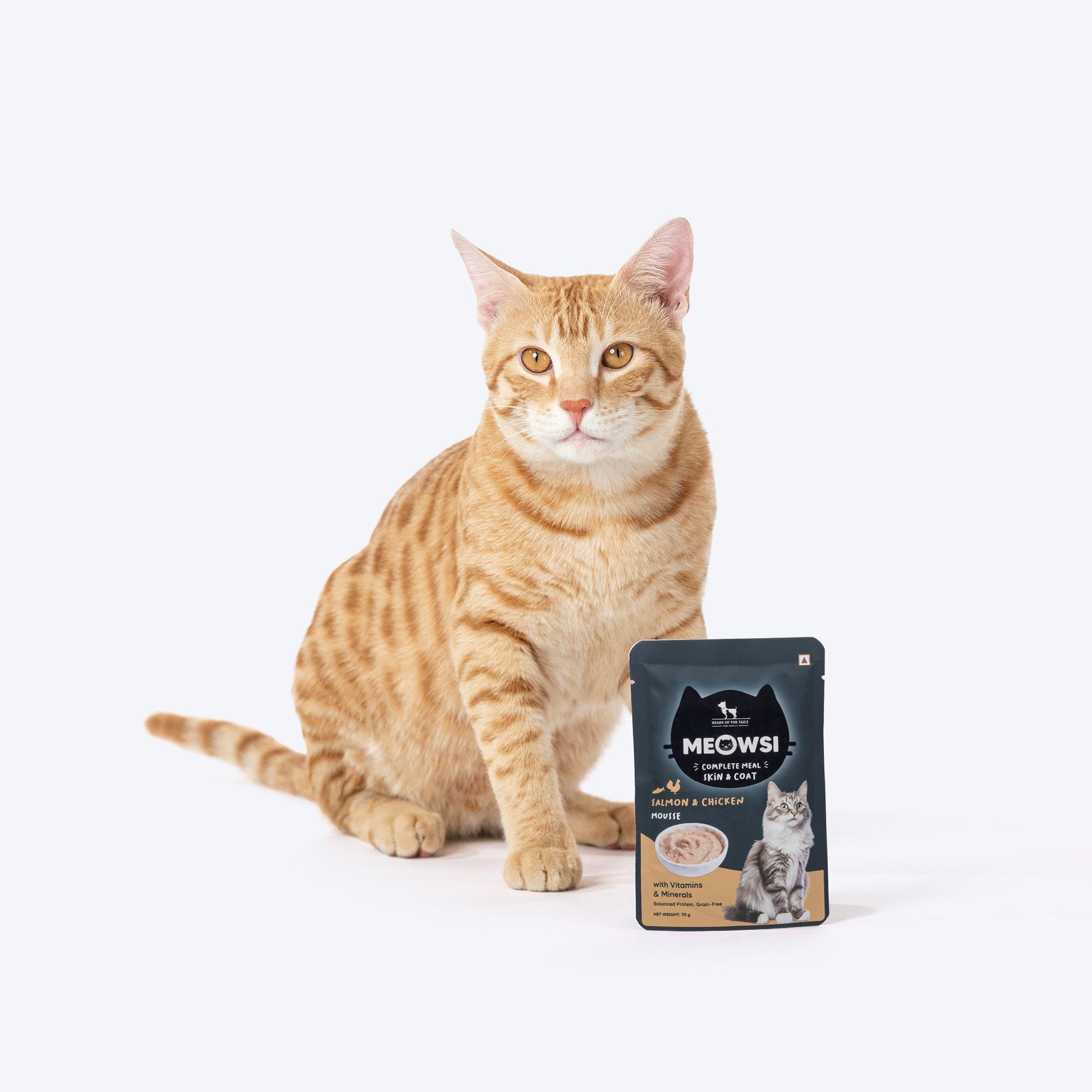 Meowsi by HUFT Skin & Coat Salmon & Chicken Mousse Cat Wet Food, 70 gm, with vitamins and minerals, grain-free.