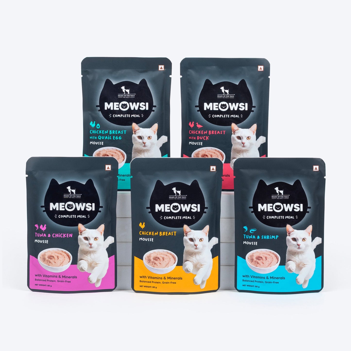 Meowsi Tuna & Shrimp Mousse Cat Wet Food, 80 gm, grain-free, with vitamins and minerals for balanced nutrition.