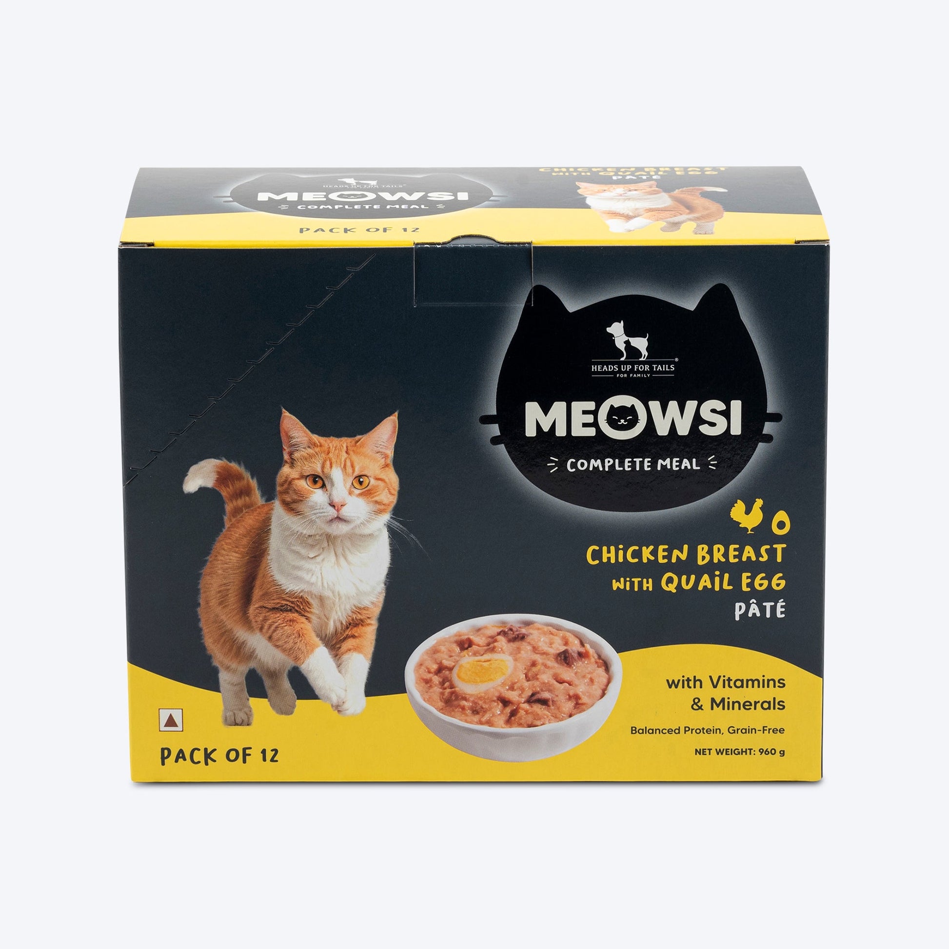 Meowsi by HUFT Chicken Breast with Quail Egg p¢t© Cat Wet Food, 80 gm, grain-free, with vitamins and minerals.