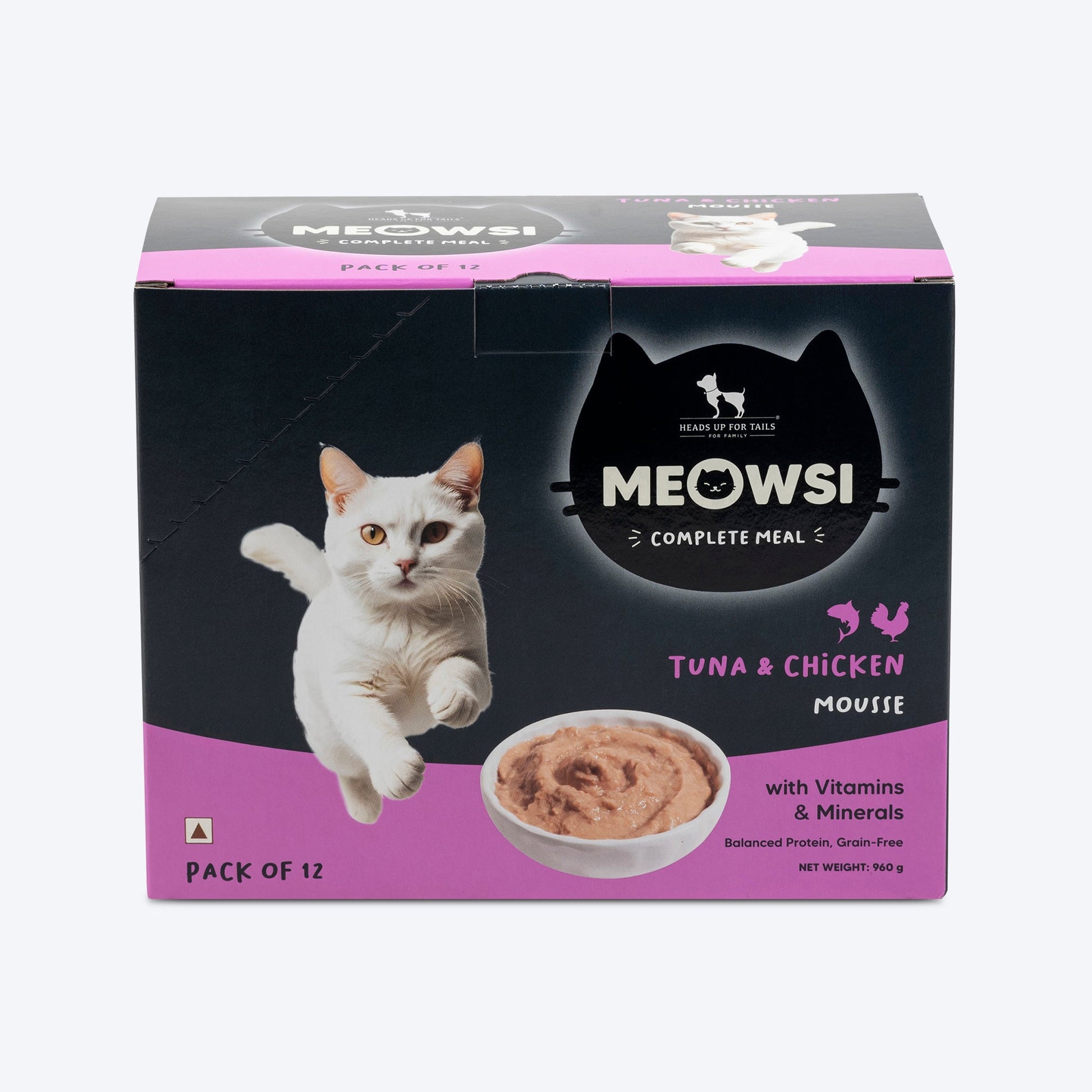 Meowsi by HUFT Tuna & Chicken in Mousse Cat Wet Food, 80 gm, features a cat graphic and a bowl of mousse on the packaging.