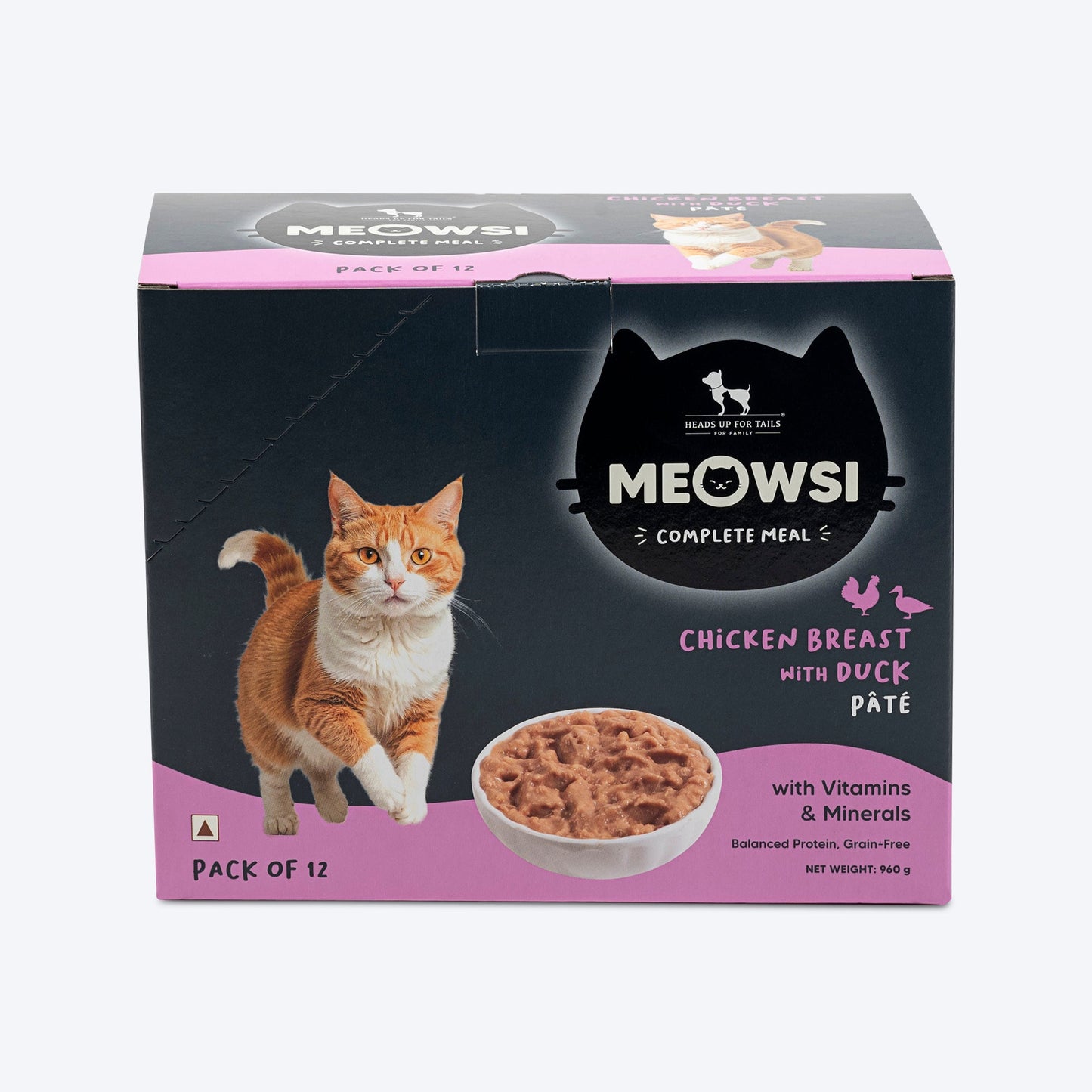 Meowsi by HUFT Chicken Breast with Duck p¢t© cat wet food, 80 gm, featuring a cat and a bowl of food on the packaging.