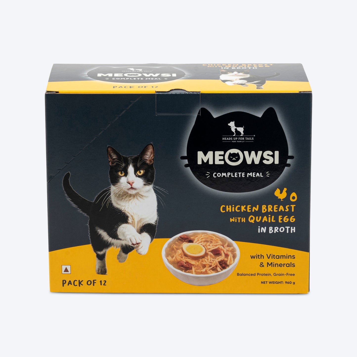 Meowsi by HUFT Chicken Breast with Quail Egg in Broth, 80 gm, grain-free cat wet food with vitamins and minerals.