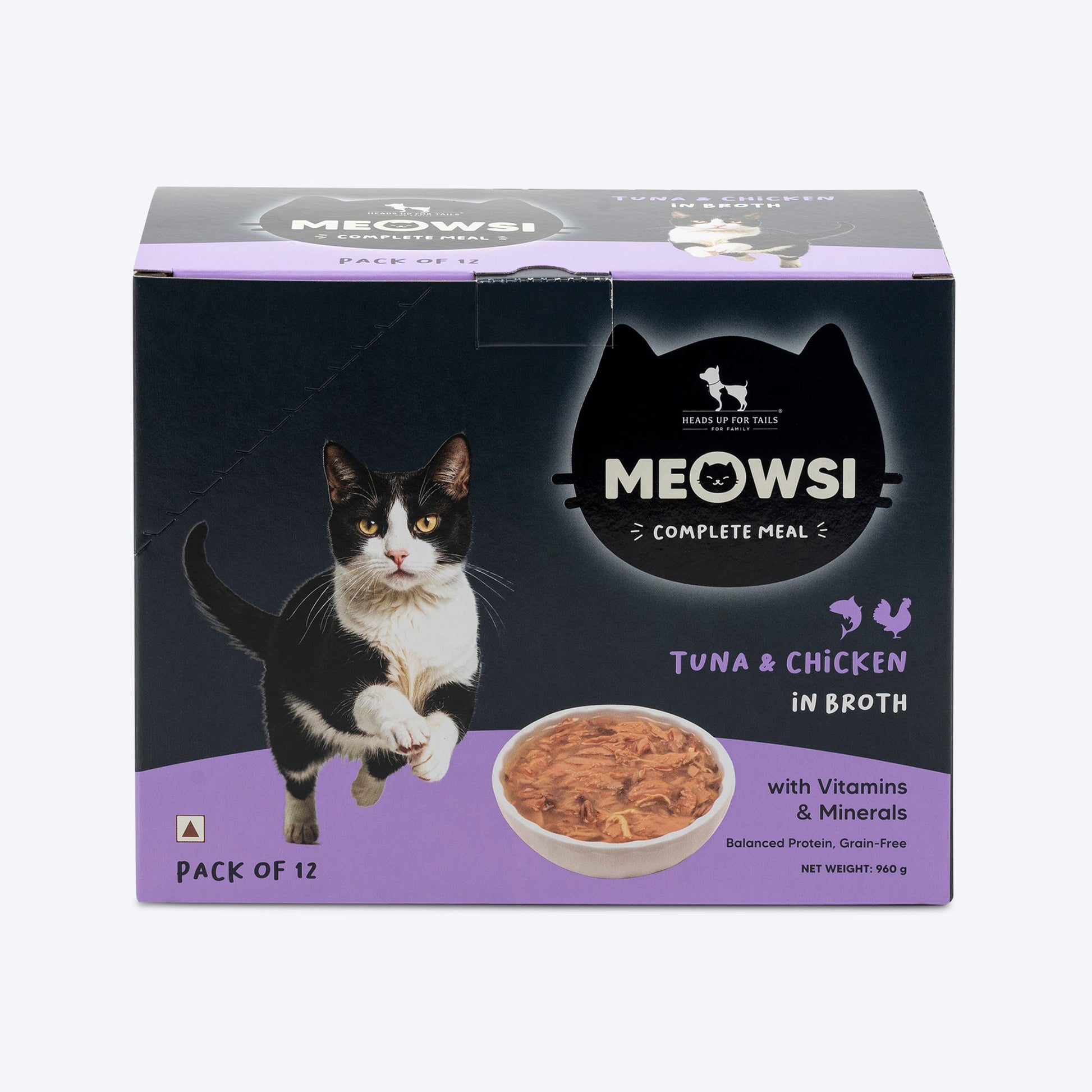 Meowsi by HUFT Tuna & Chicken in Broth Cat Wet Food, 80 gm, with vitamins and minerals, grain-free formula.