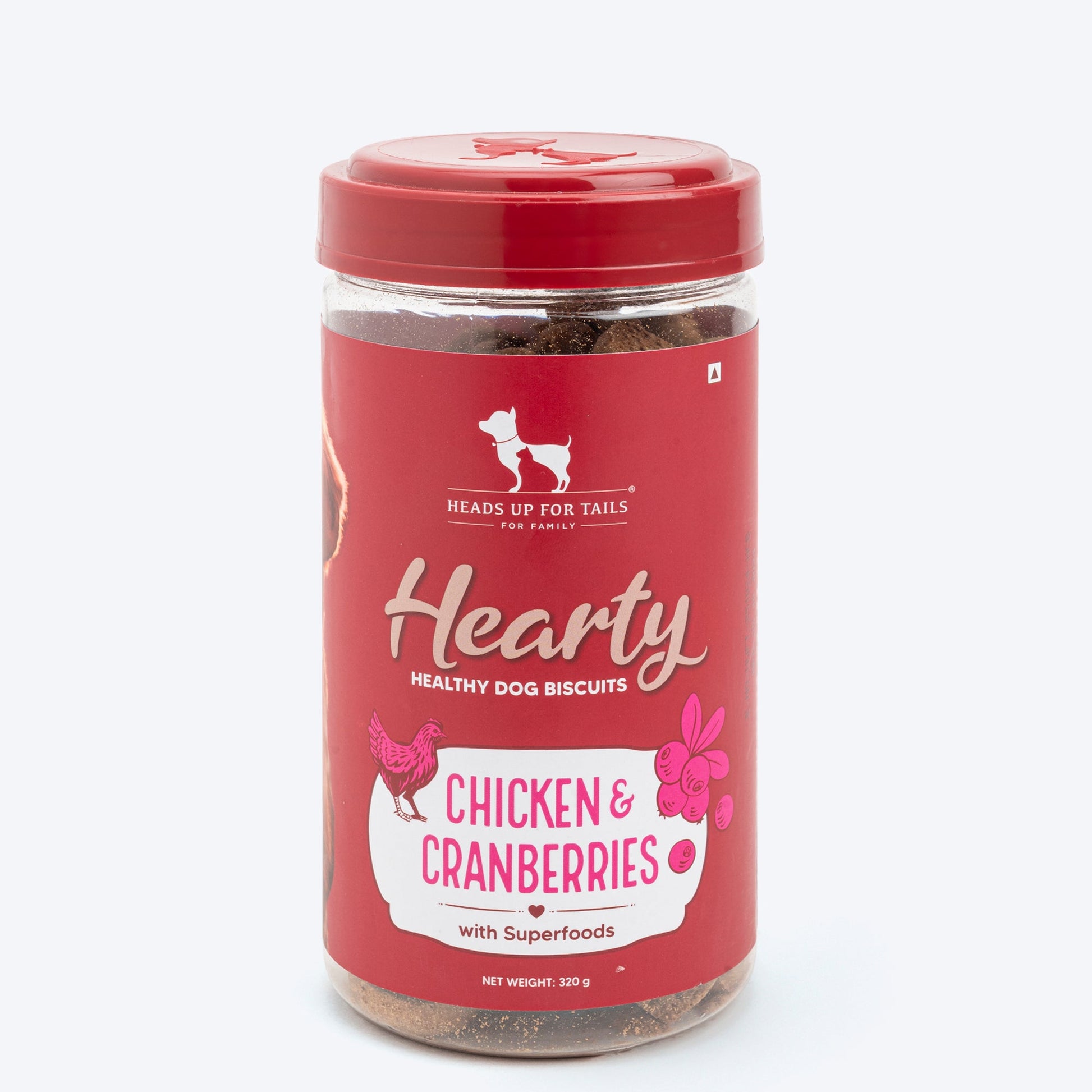 Hearty Chicken & Cranberries Healthy Dog Biscuits by Heads Up For Tails, 320 g, protein-rich and grain-free.