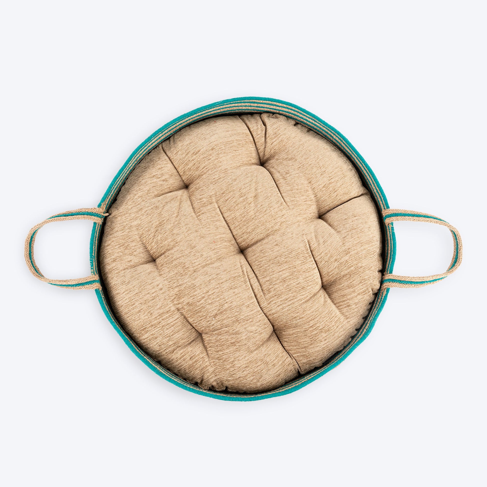 HUFT Whisker Retreat Jute Basket Bed With Cushion For Small Dogs & Cats- Aqua & Brown - Heads Up For Tails